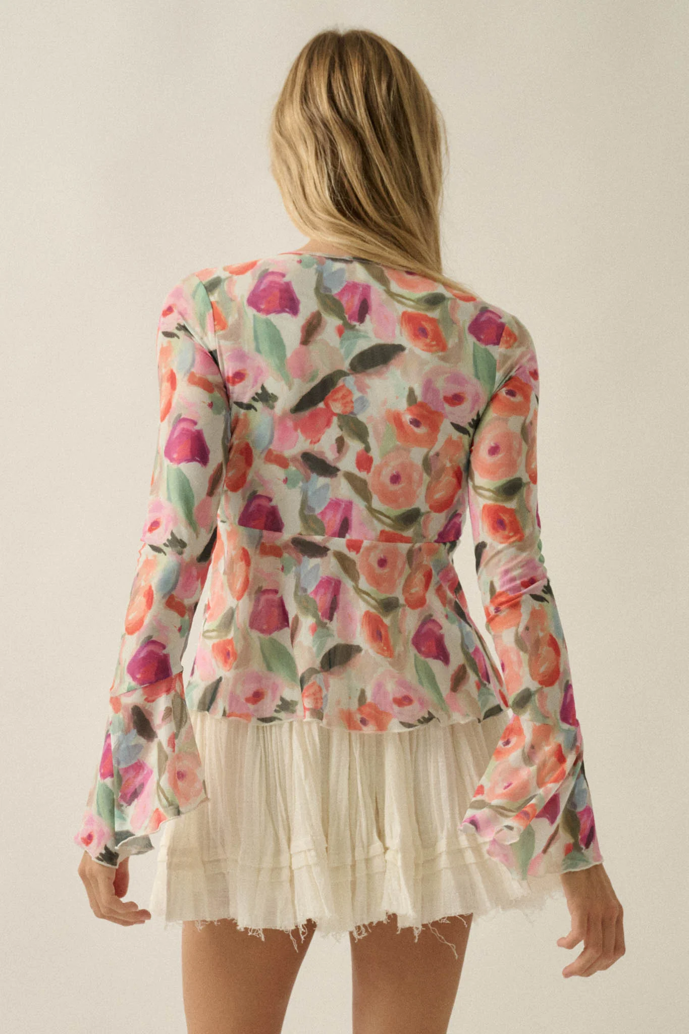 Blooming Brushstrokes Floral Mesh Bell-Sleeve Top - Image 2