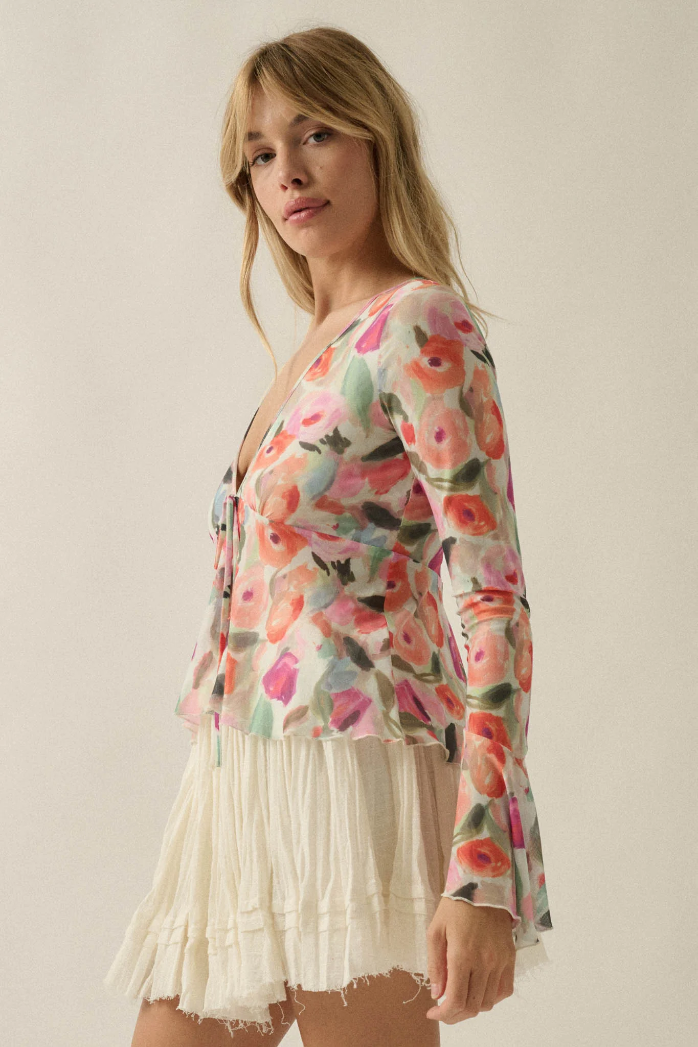 Blooming Brushstrokes Floral Mesh Bell-Sleeve Top - Image 6