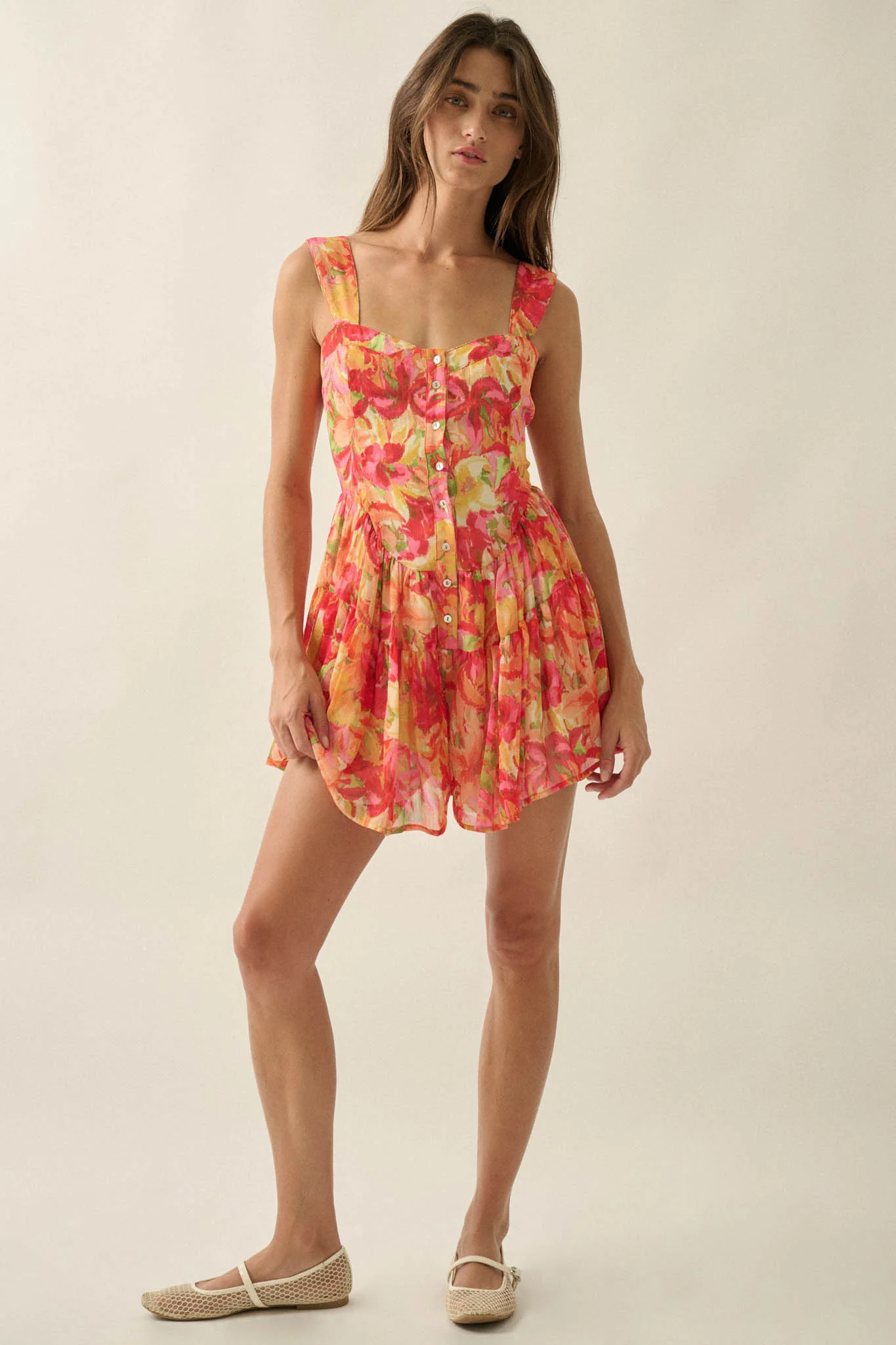 Blooming Citrine Floral Chiffon Tiered Ruffle Romper - Image 3