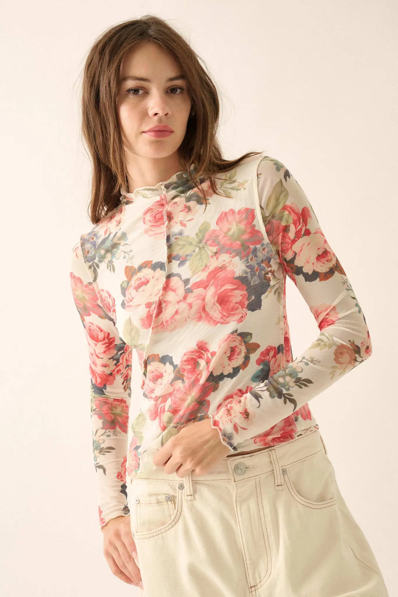 Blooming Heart Floral Mesh Exposed-Seam Top - Image 4