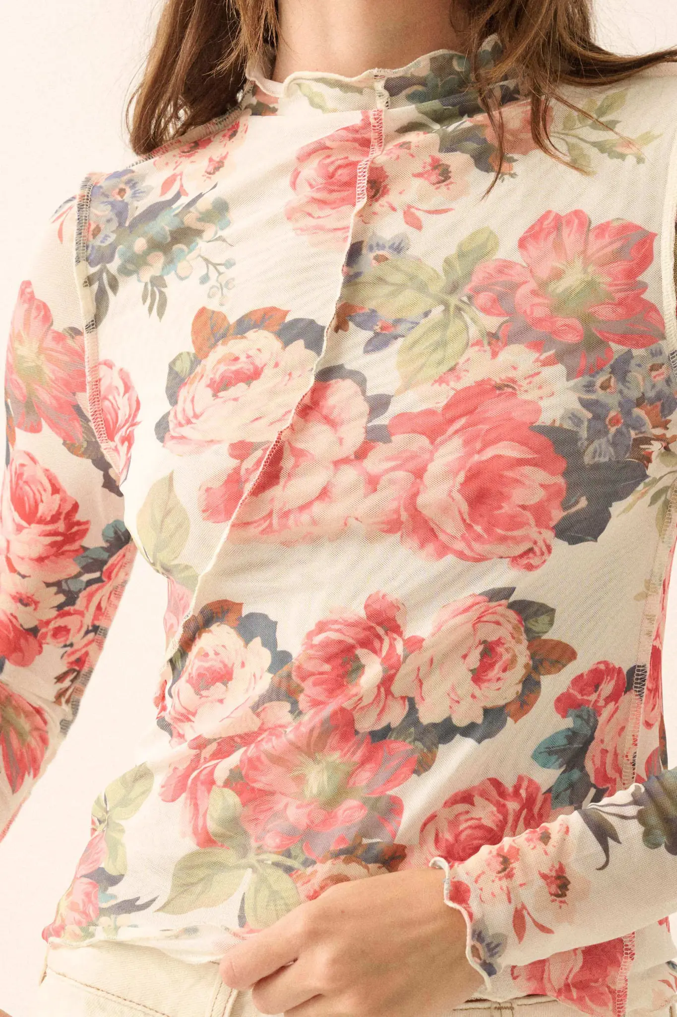Blooming Heart Floral Mesh Exposed-Seam Top - Image 5