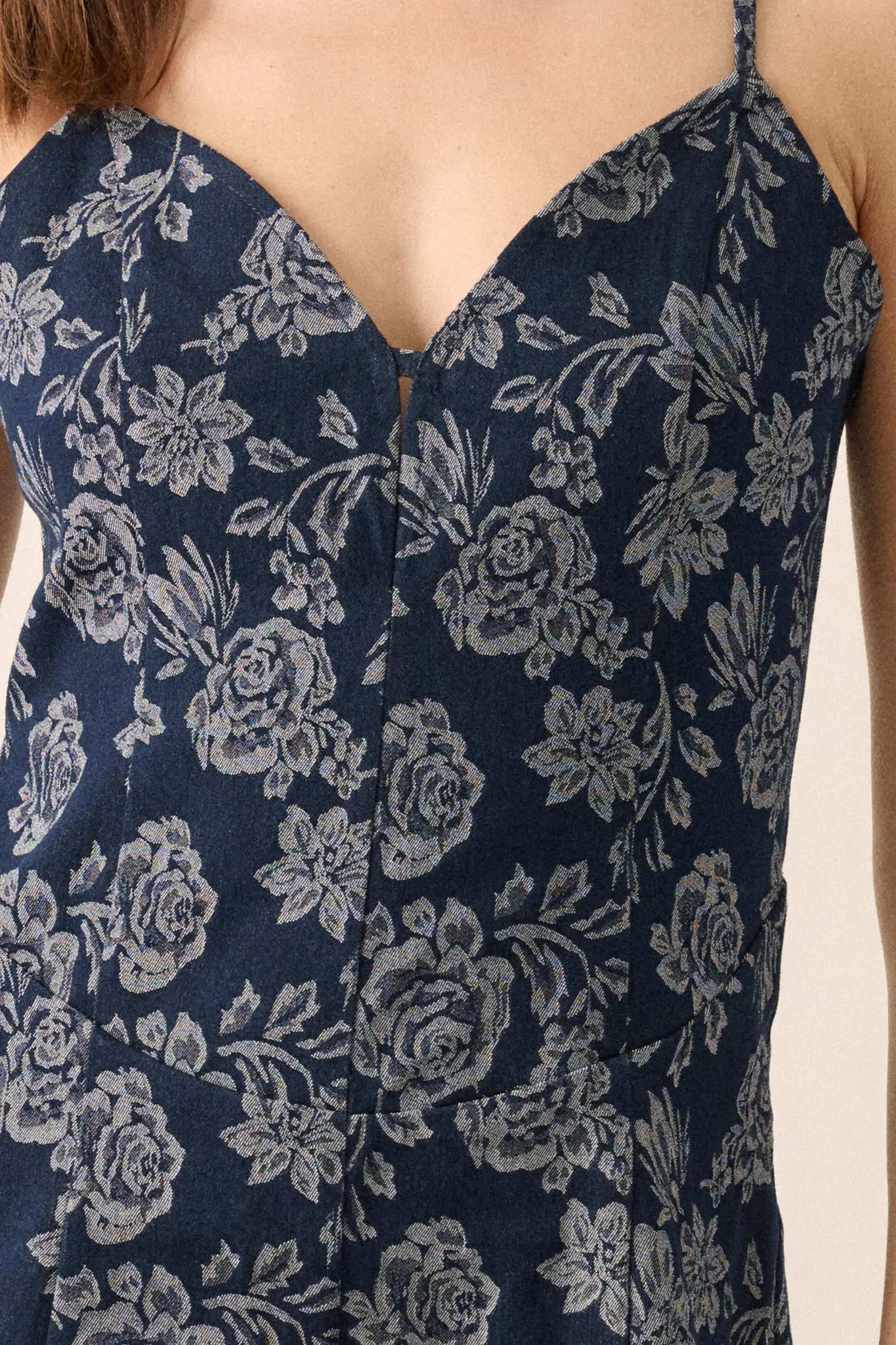Blooming in Blue Floral Jacquard Denim Romper - Image 2
