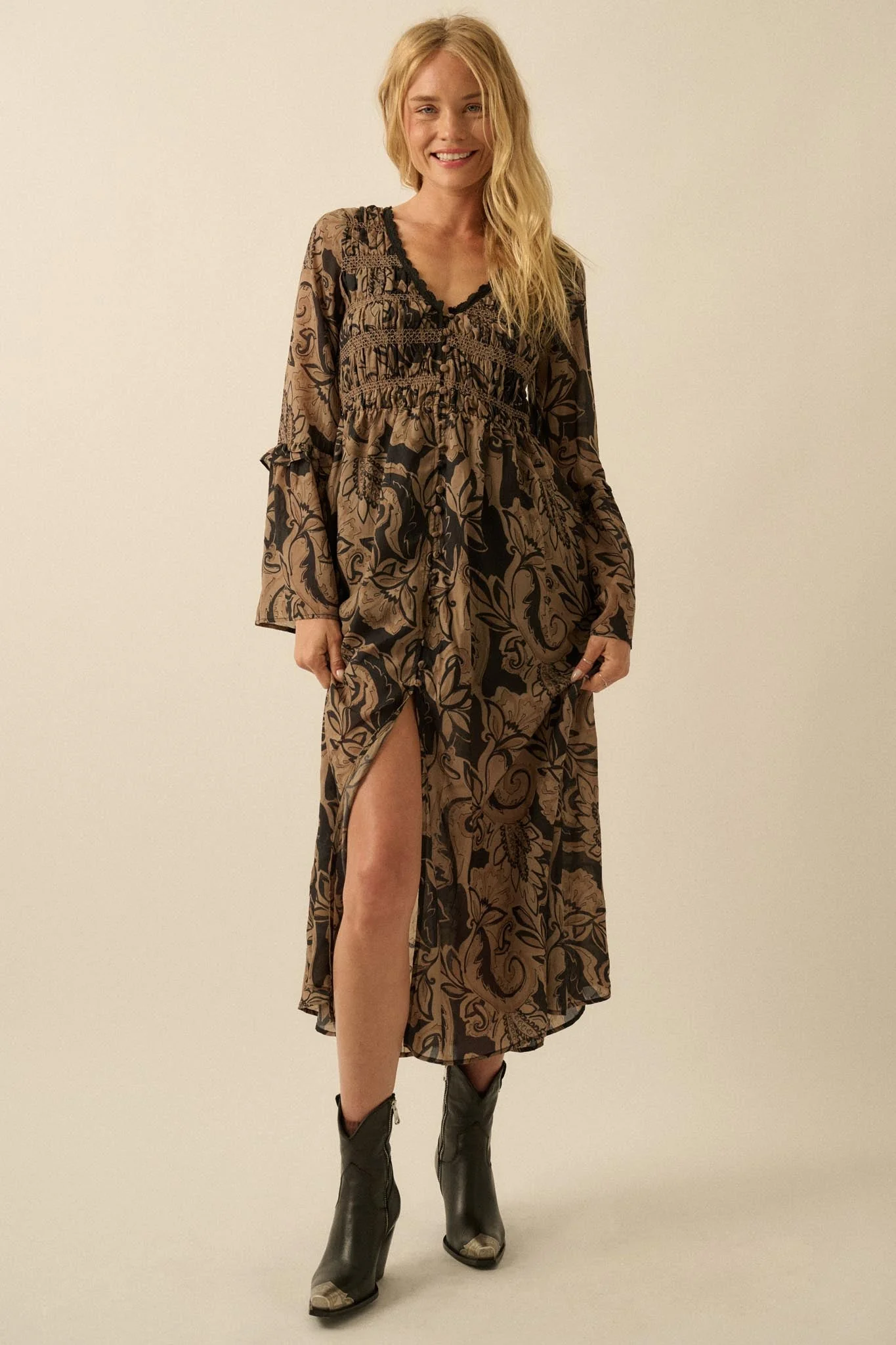 Blooming Opulence Floral Bell-Sleeve Midi Dress - Image 3
