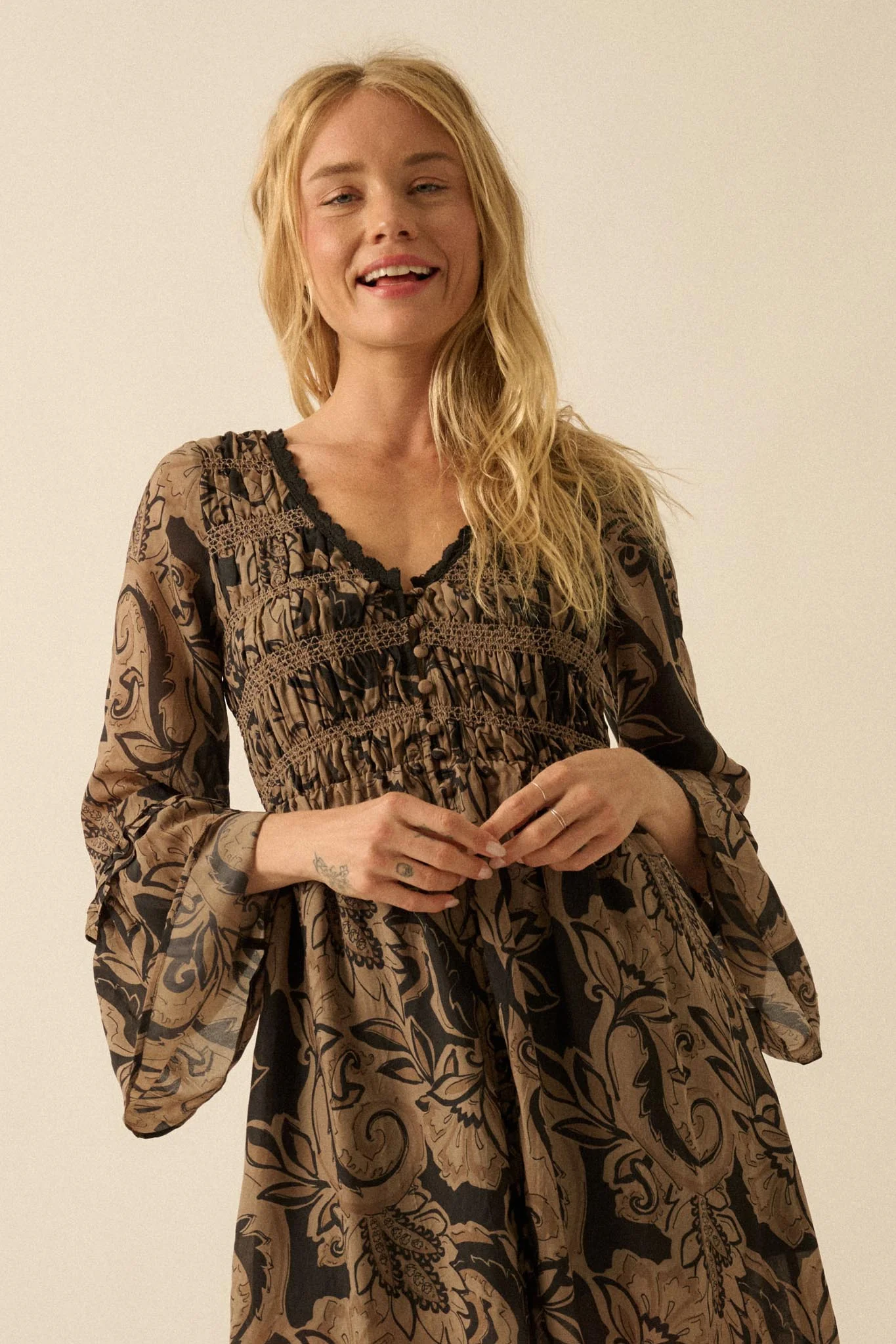 Blooming Opulence Floral Bell-Sleeve Midi Dress - Image 4