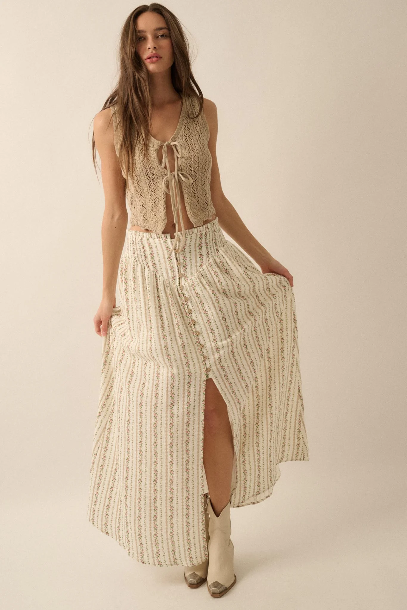 Blooming Tendrils Floral Gauze Buttoned Maxi Skirt - Image 10
