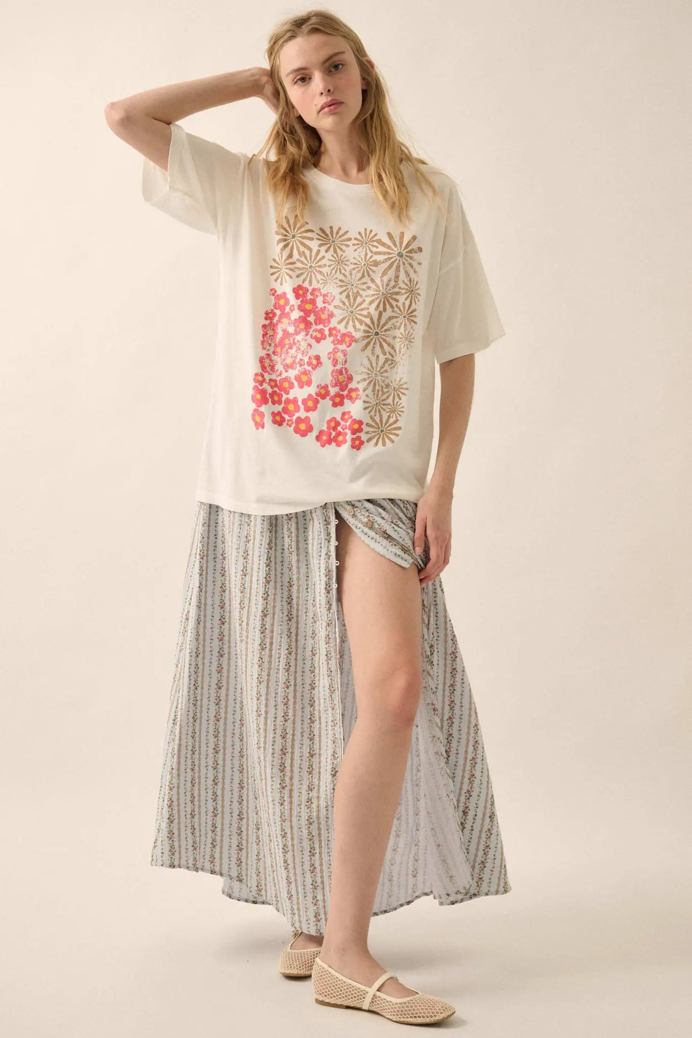 Blooming Tendrils Floral Gauze Buttoned Maxi Skirt - Image 4