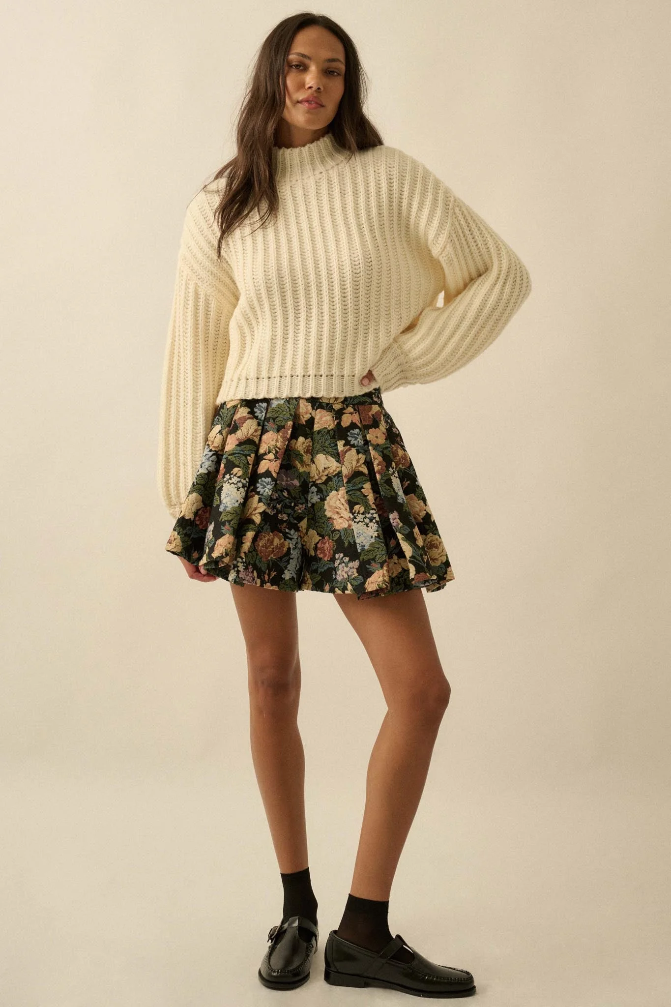 Blooming Threads Floral Tapestry Pleated Mini Skort