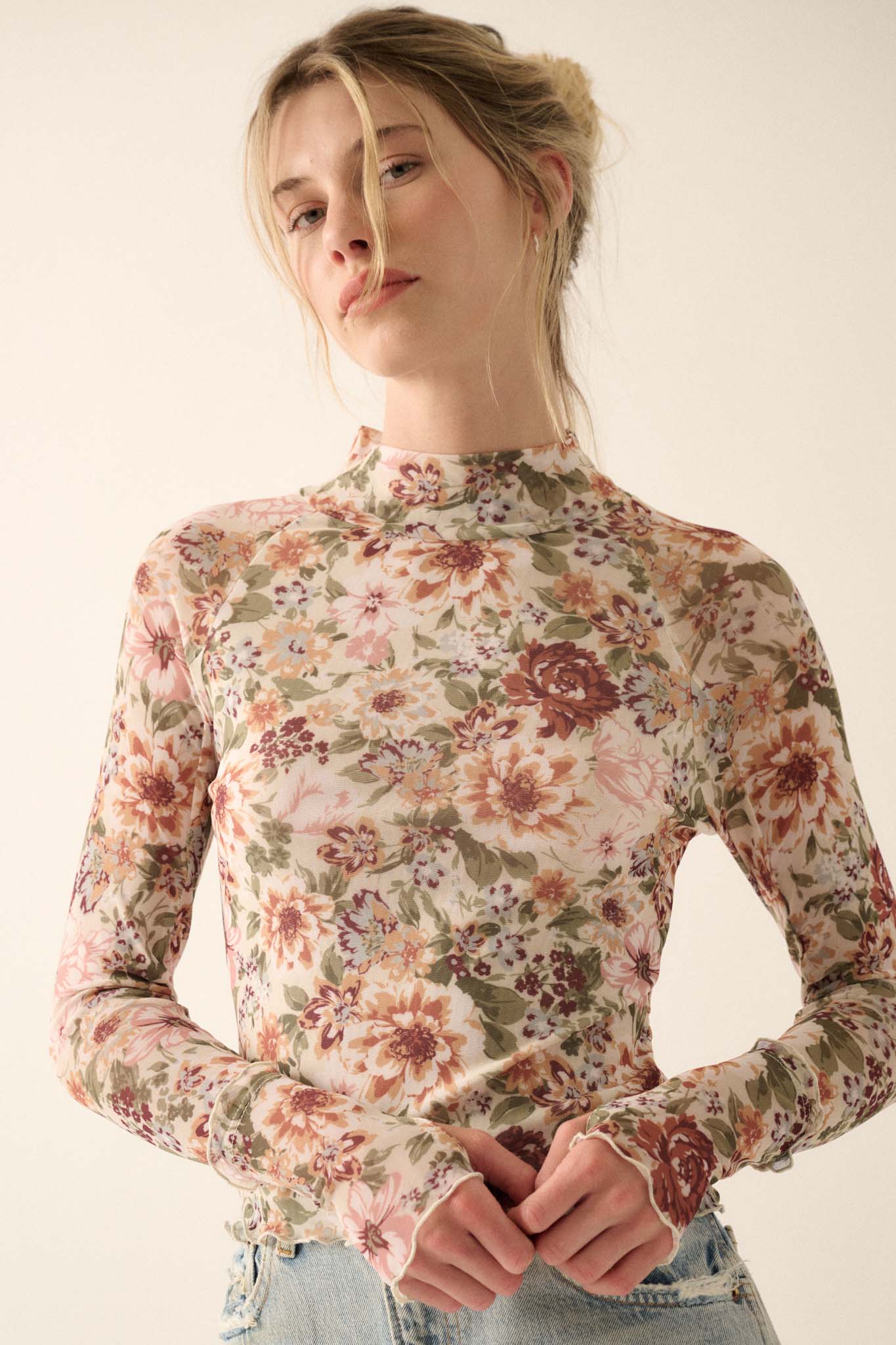 Blossom Forth Floral Mesh Mock-Neck Thumbhole Top - Image 4