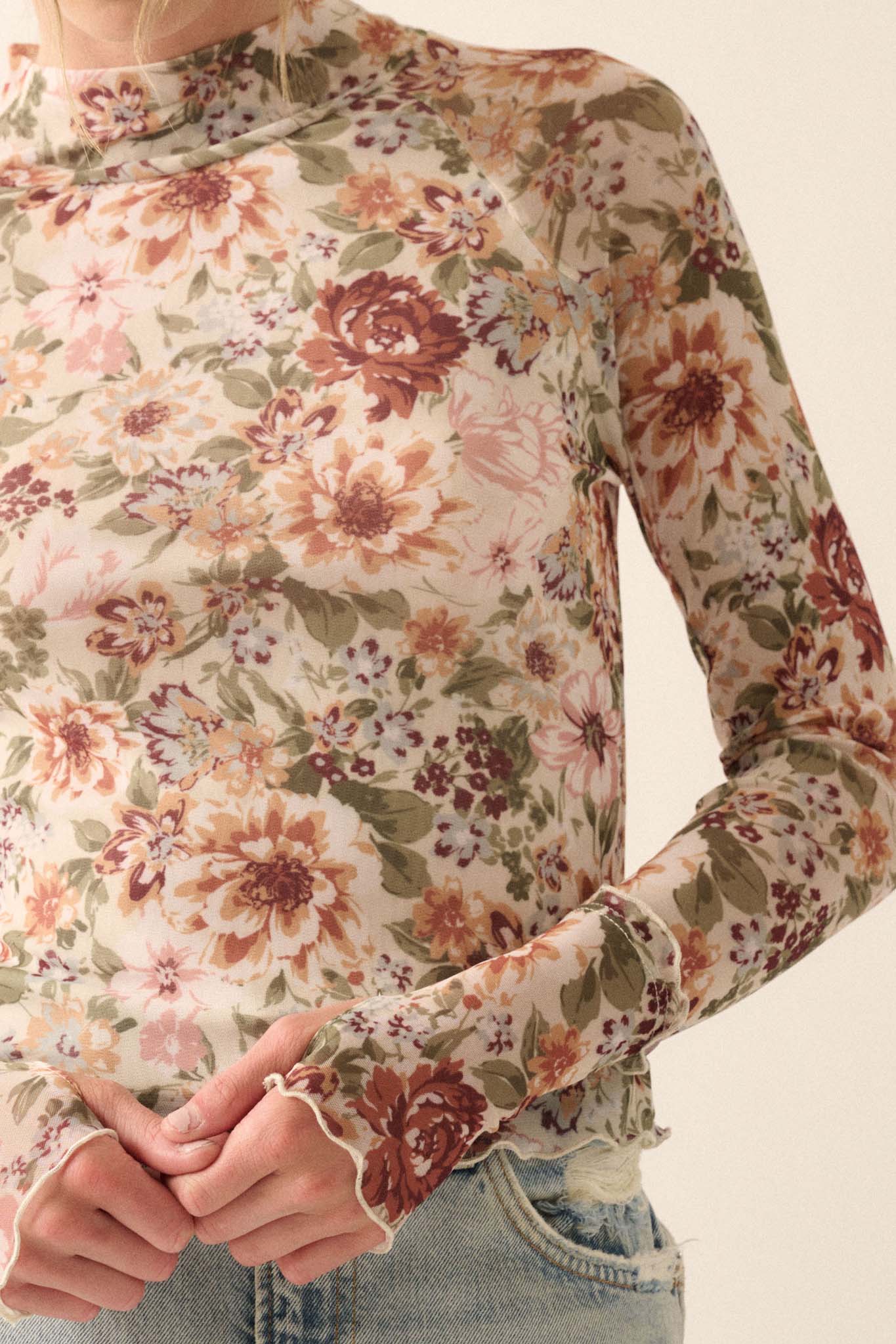 Blossom Forth Floral Mesh Mock-Neck Thumbhole Top - Image 5