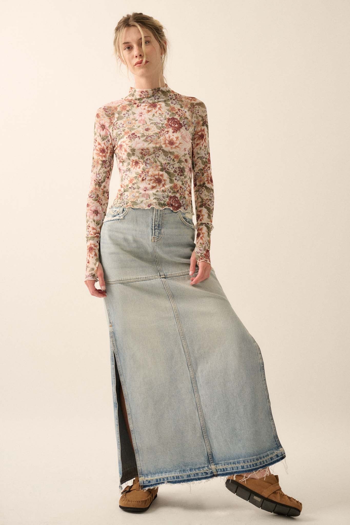 Blossom Forth Floral Mesh Mock-Neck Thumbhole Top - Image 6