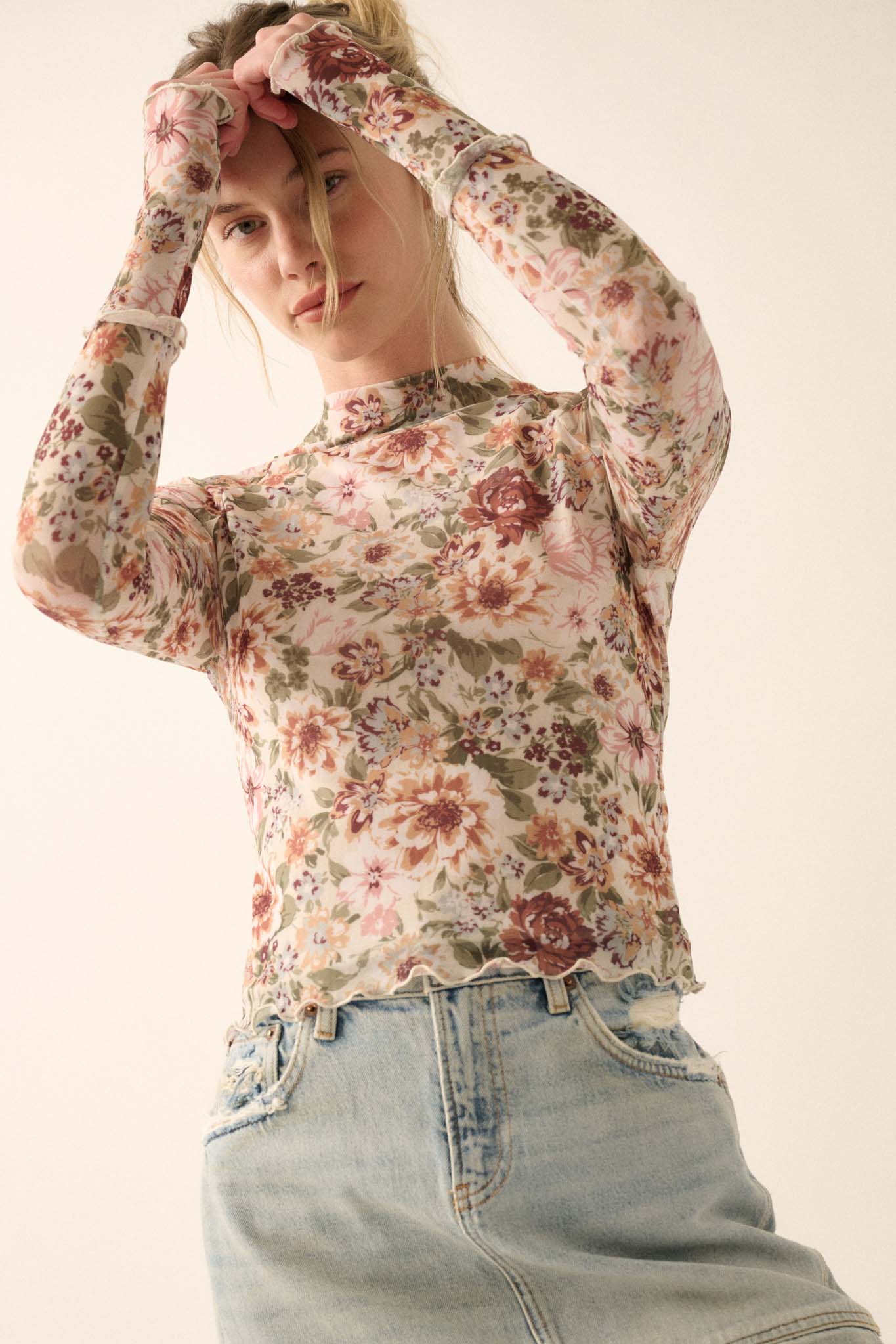 Blossom Forth Floral Mesh Mock-Neck Thumbhole Top - Image 7