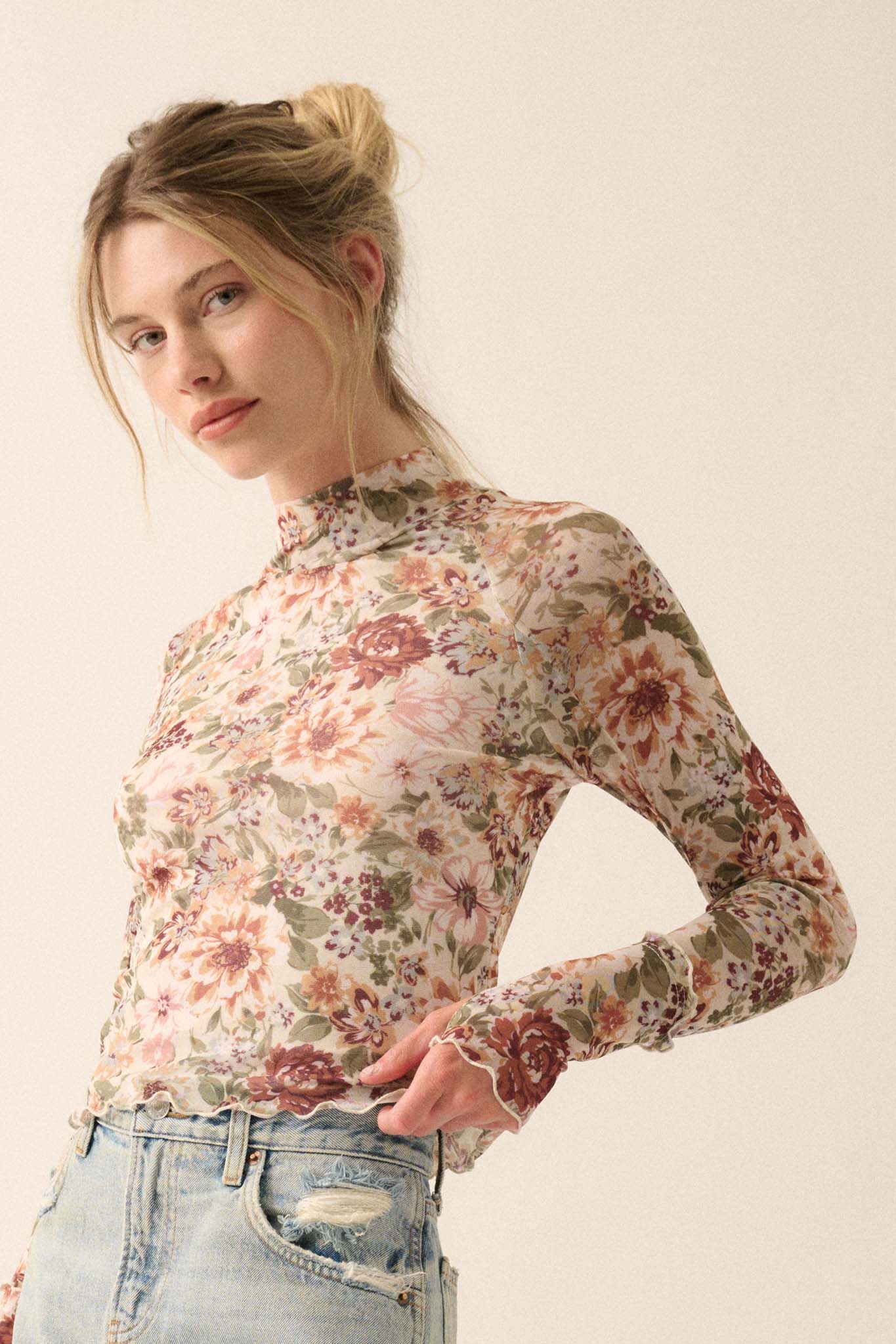 Blossom Forth Floral Mesh Mock-Neck Thumbhole Top - Image 8