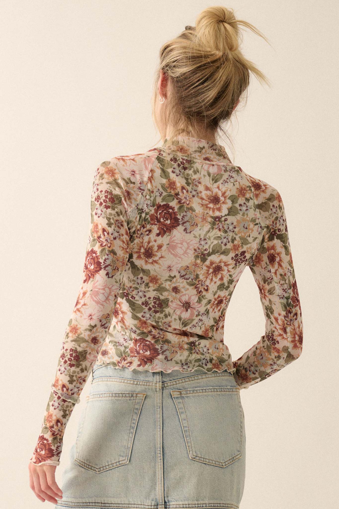 Blossom Forth Floral Mesh Mock-Neck Thumbhole Top - Image 9