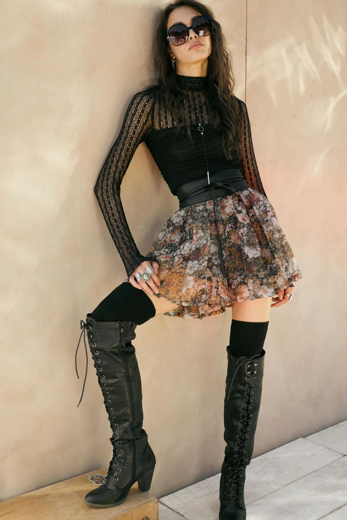 Blossoming Autumn Floral Organza Pleated Skort