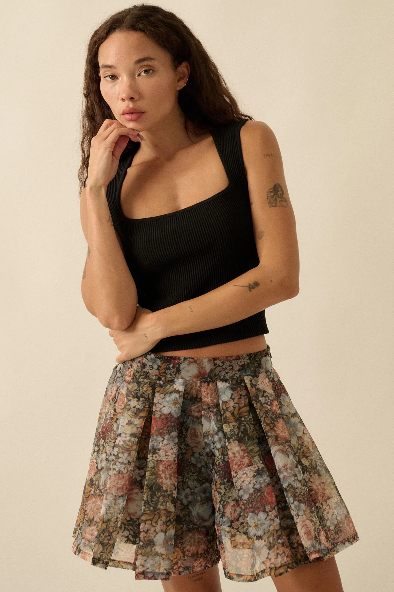 Blossoming Autumn Floral Organza Pleated Skort - Image 7