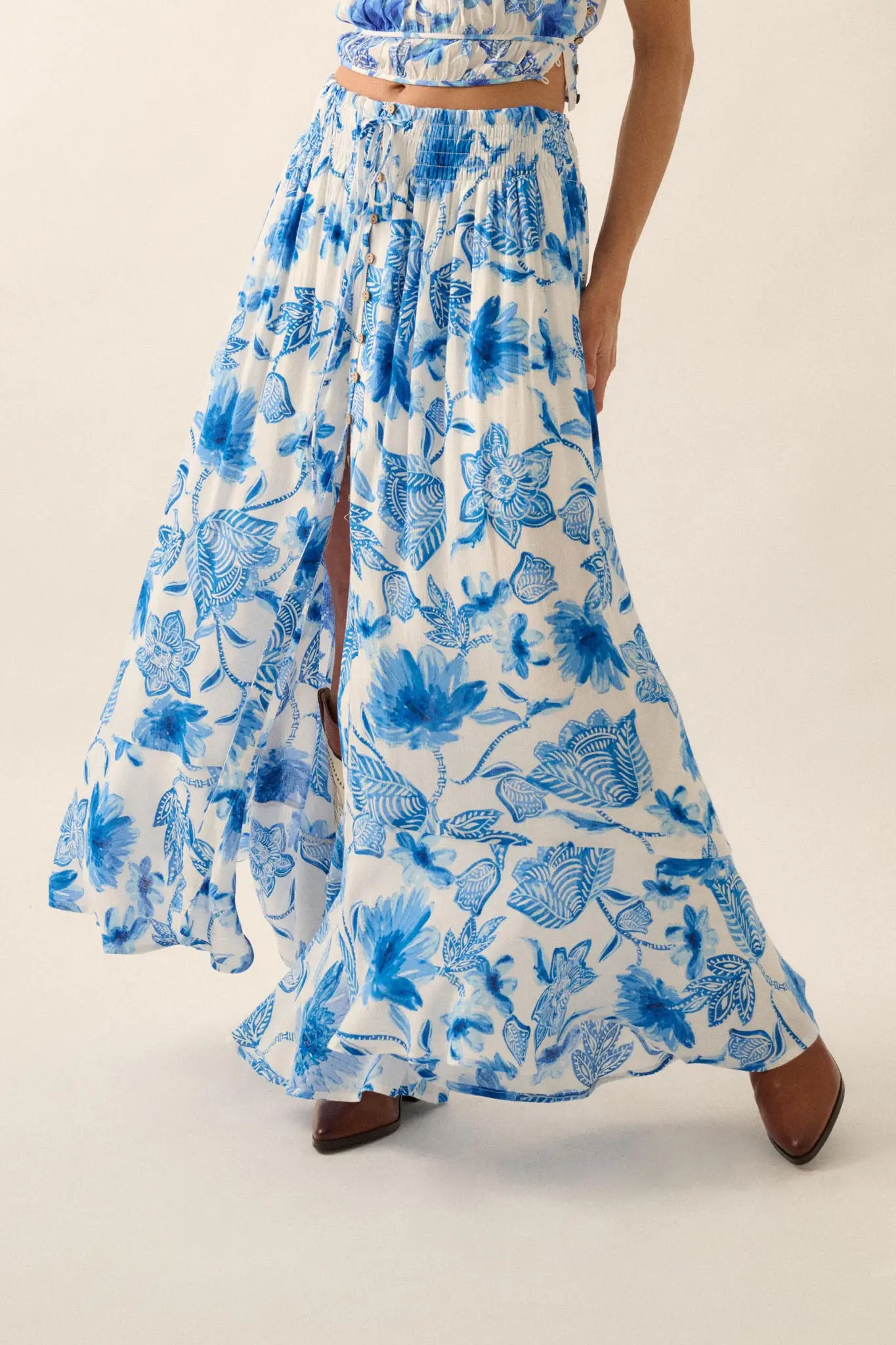 Blossoming Blues Floral Button-Front Maxi Skirt - Image 2