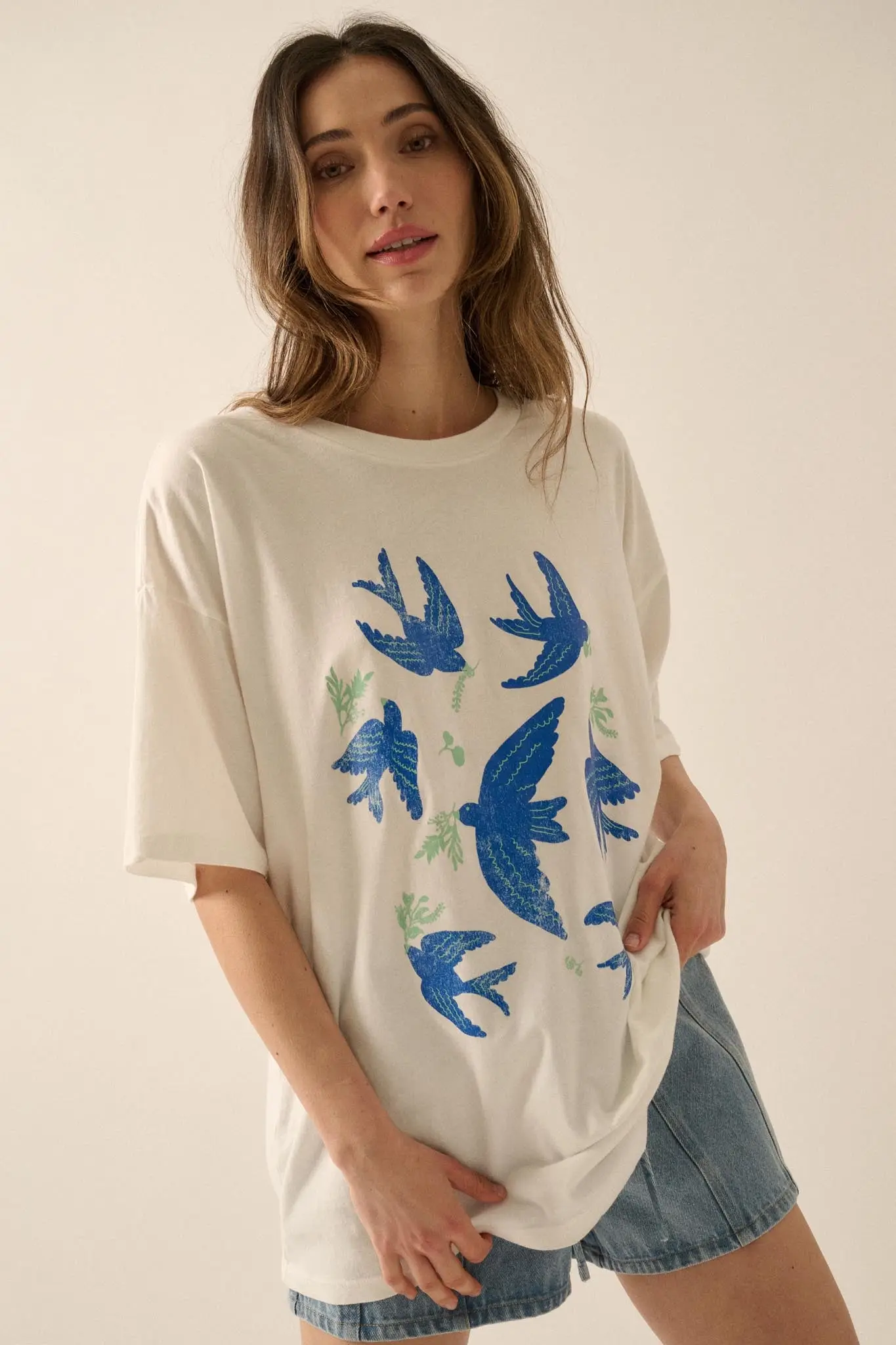 Blue Birds Vintage-Print Oversize Graphic Tee - Image 3