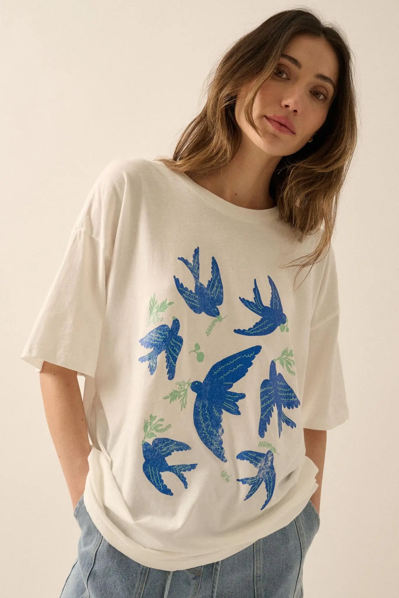 Blue Birds Vintage-Print Oversize Graphic Tee - Image 5