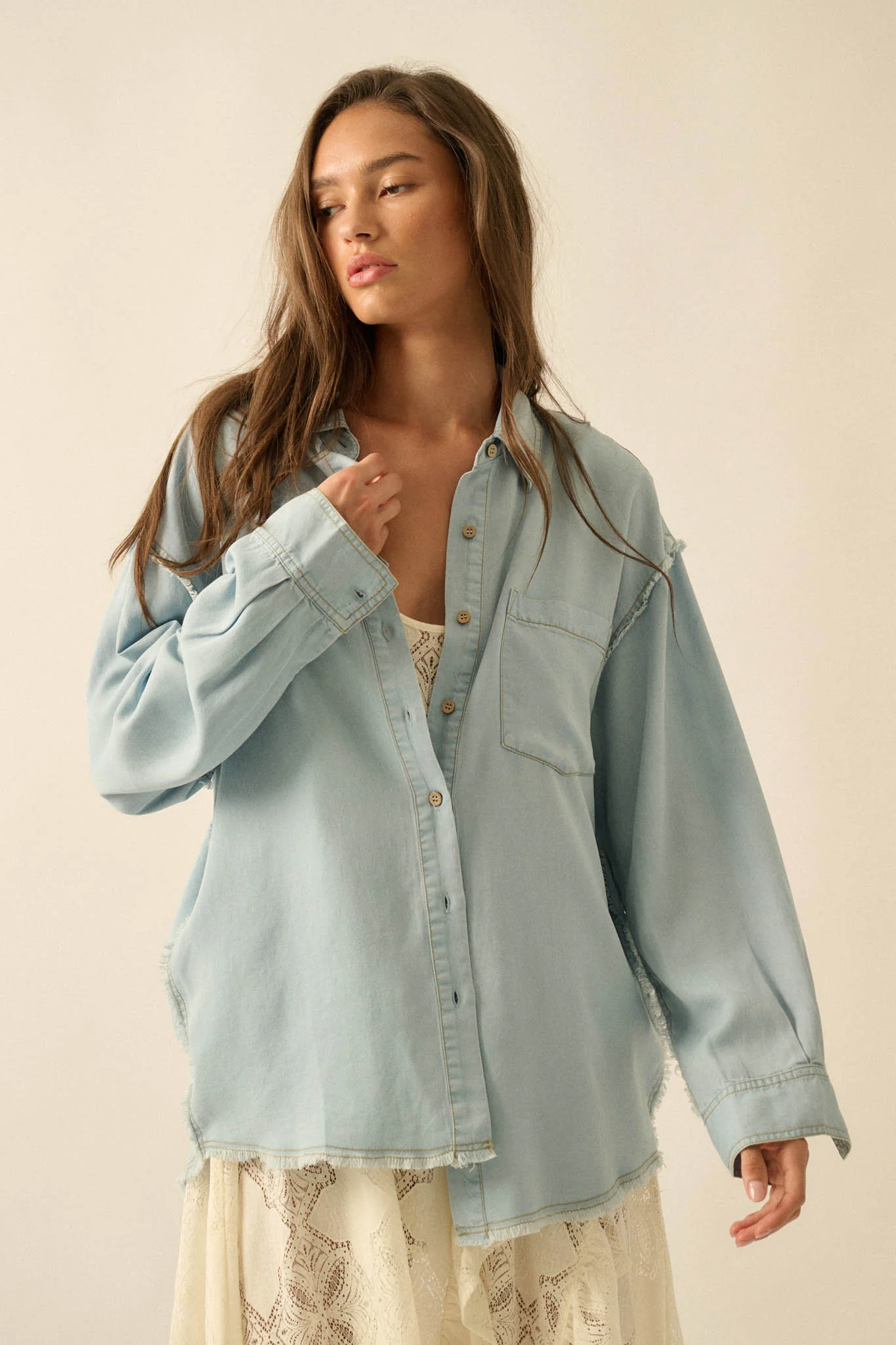 Blue Collar Denim Raw-Edge Button-Up Pocket Shirt