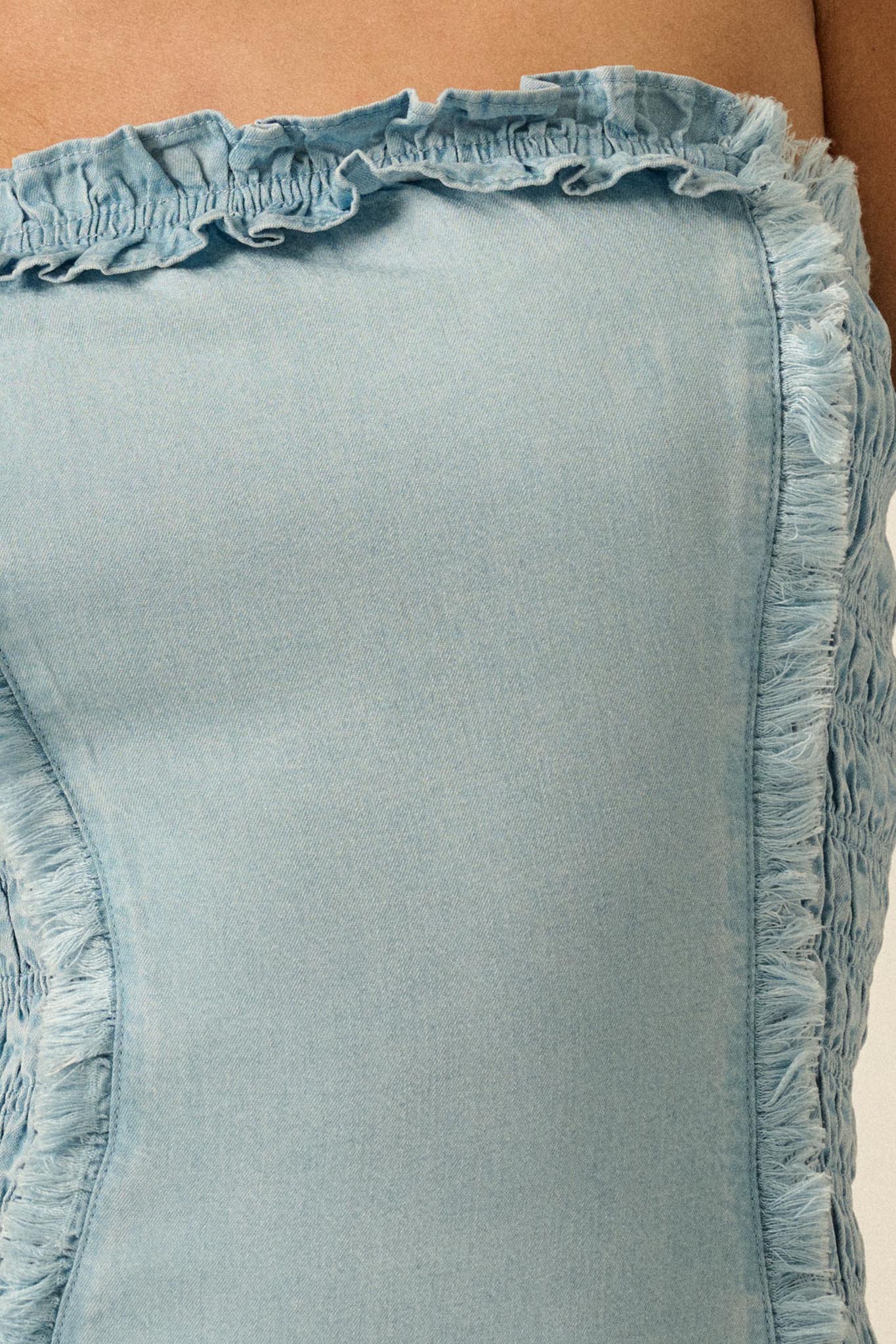 Blue Crush Denim Ruffled Strapless Mini Dress - Image 5