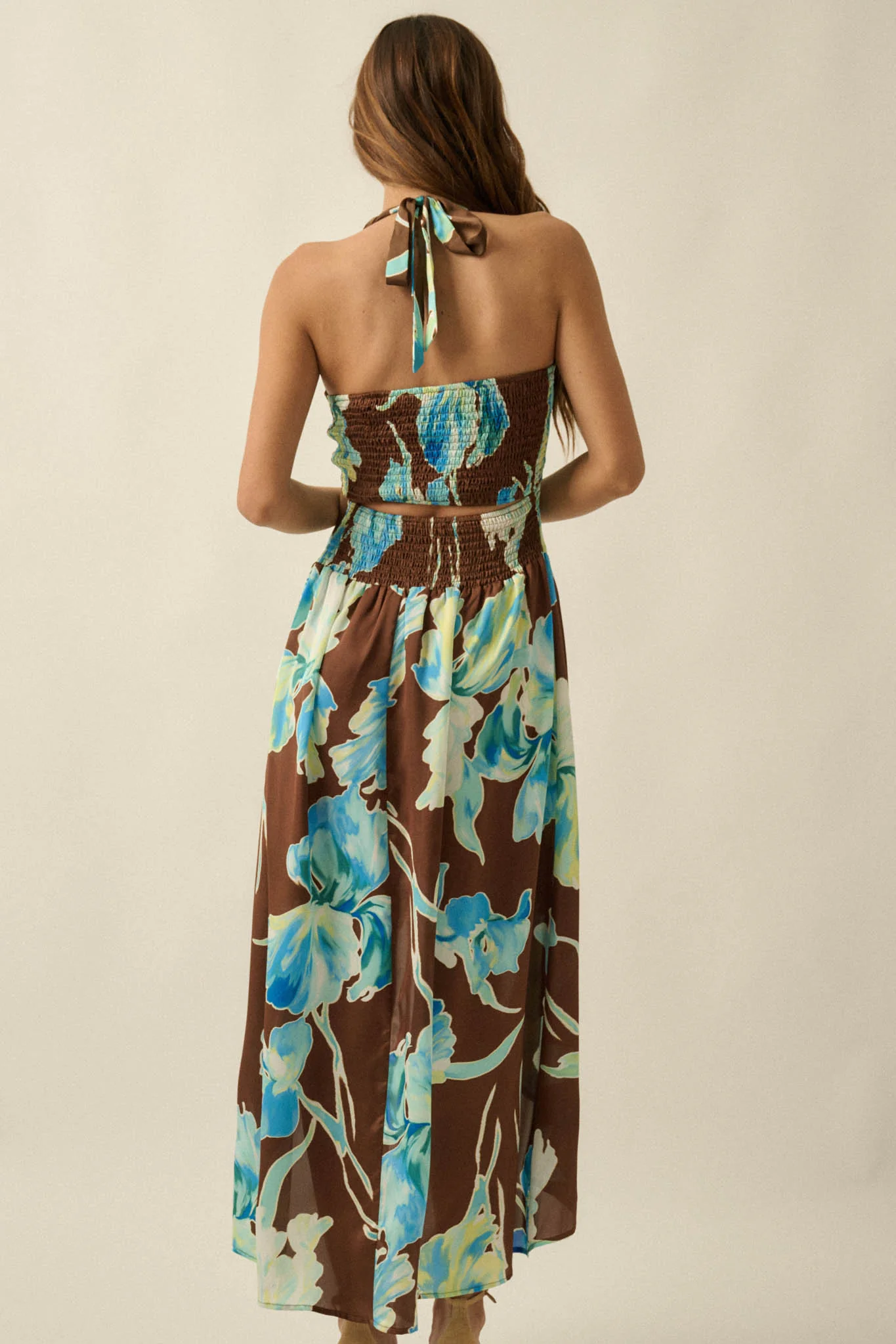 Blue Iris Floral Satin Halter Wrap Maxi Dress - Image 6