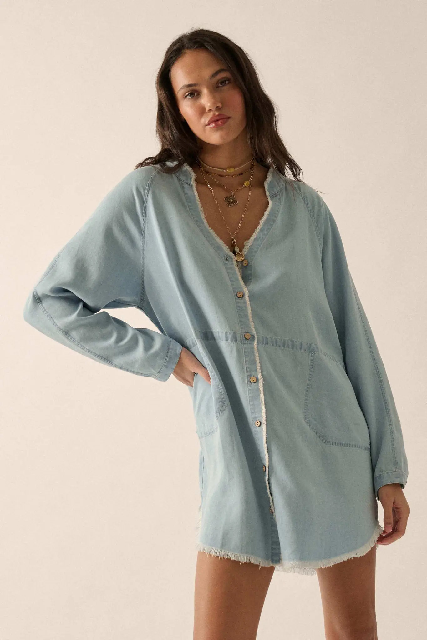 Blue Monday Raw-Edge Denim Mini Shirt Dress - Image 3