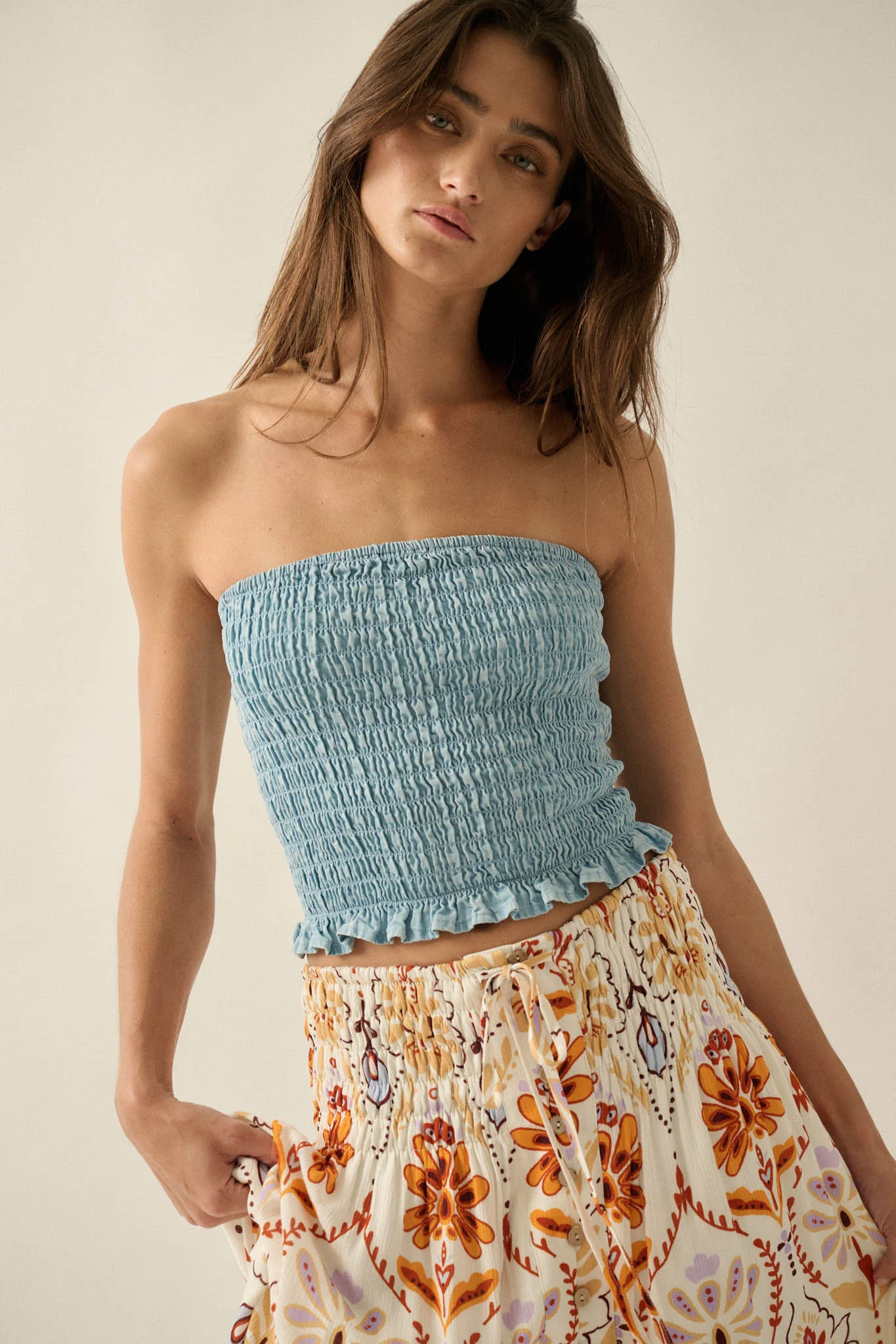 Blue My Mind Smocked Denim Bandeau Tube Top - Image 7