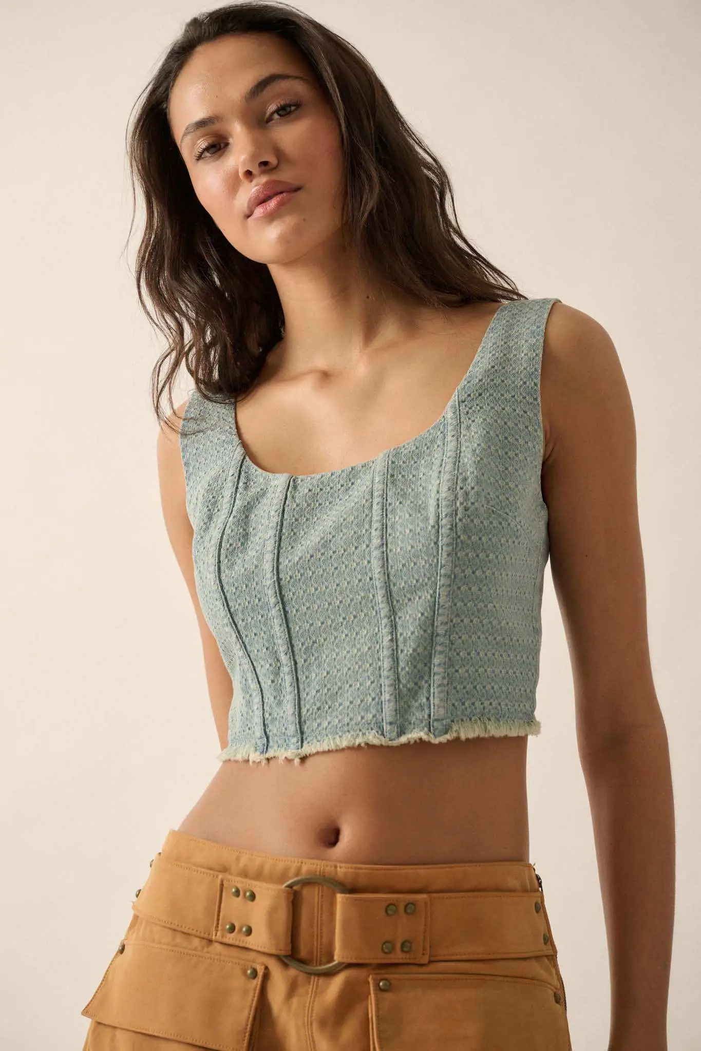 Blue Skies Jacquard Denim Cropped Corset Tank Top - Image 3