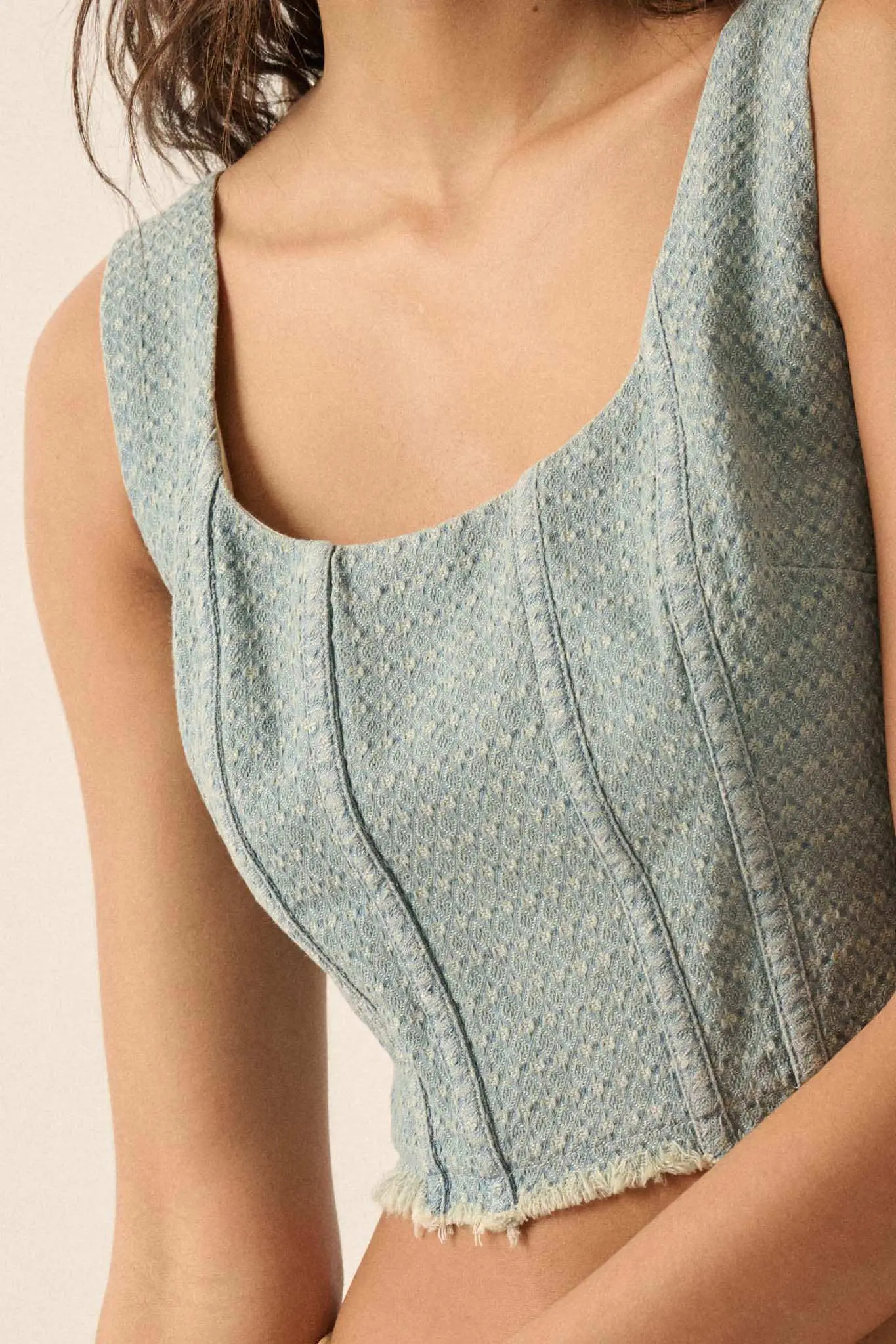 Blue Skies Jacquard Denim Cropped Corset Tank Top - Image 4