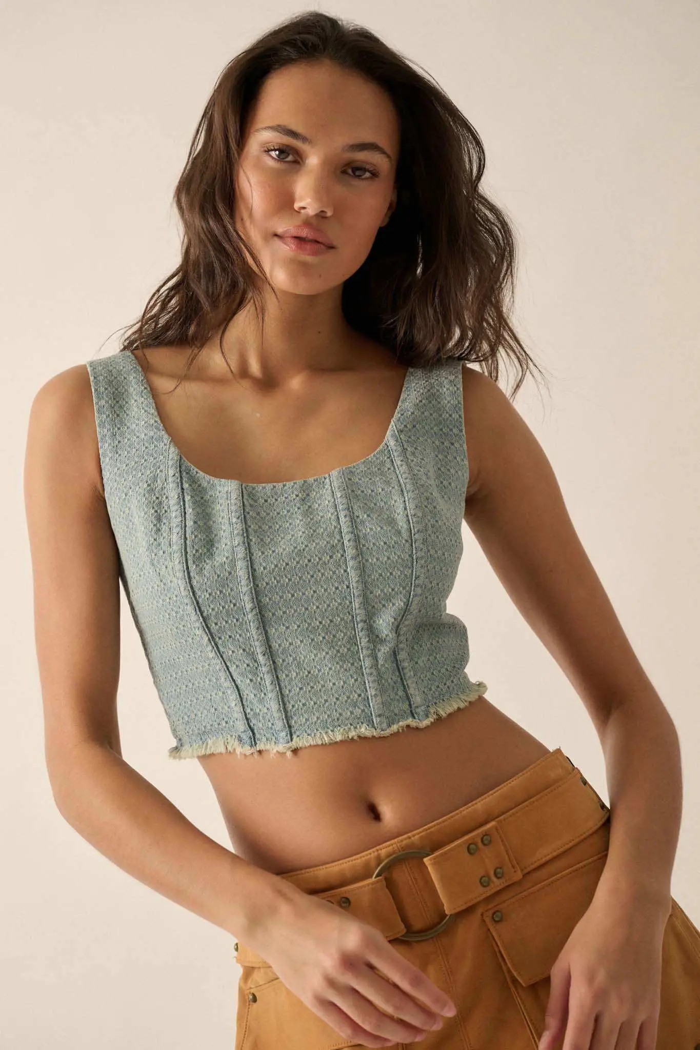 Blue Skies Jacquard Denim Cropped Corset Tank Top - Image 6