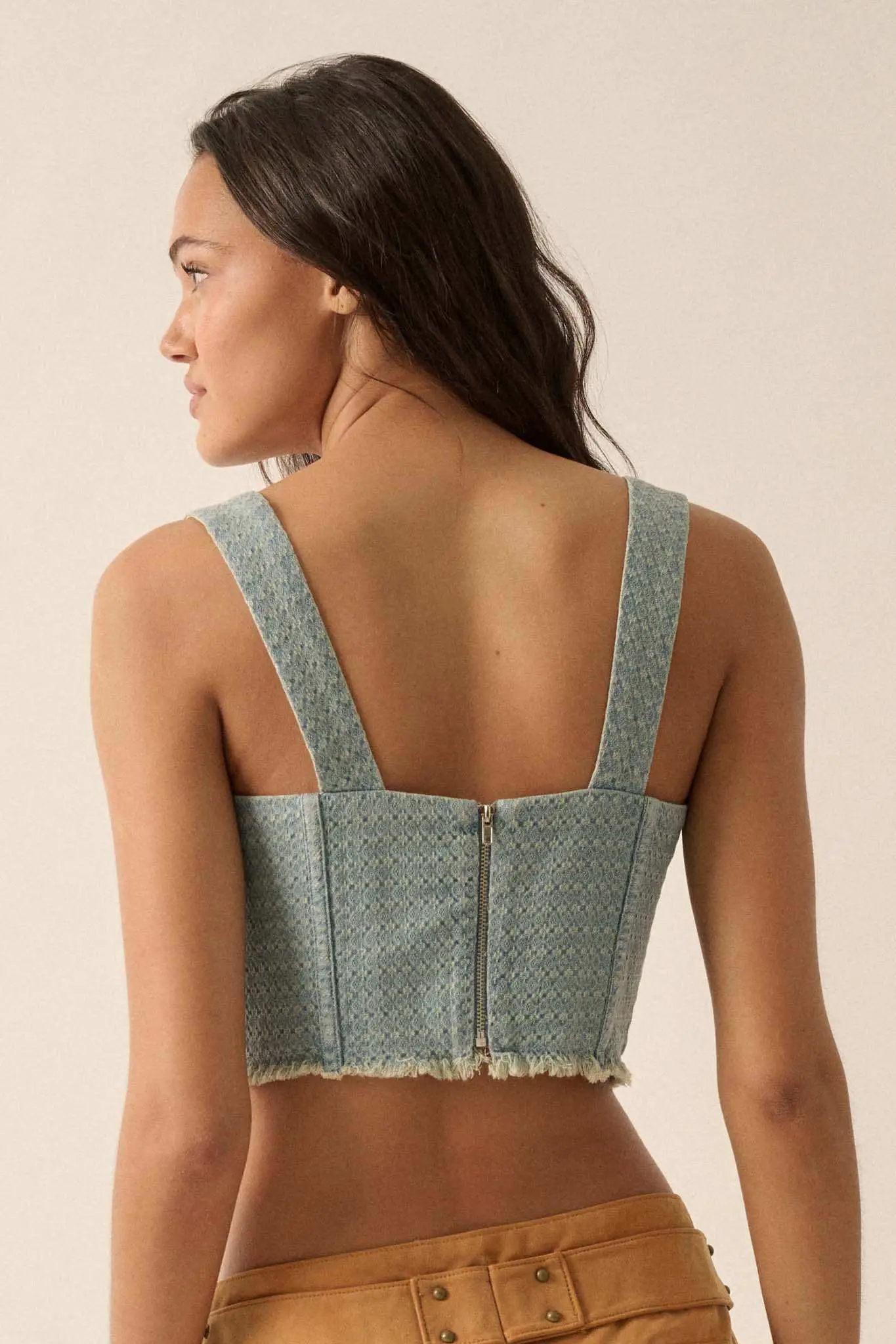 Blue Skies Jacquard Denim Cropped Corset Tank Top - Image 7