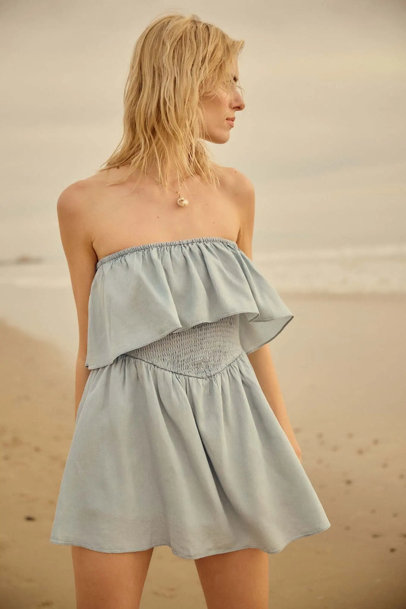 Blue Zone Denim Strapless Flounce Romper - Image 2