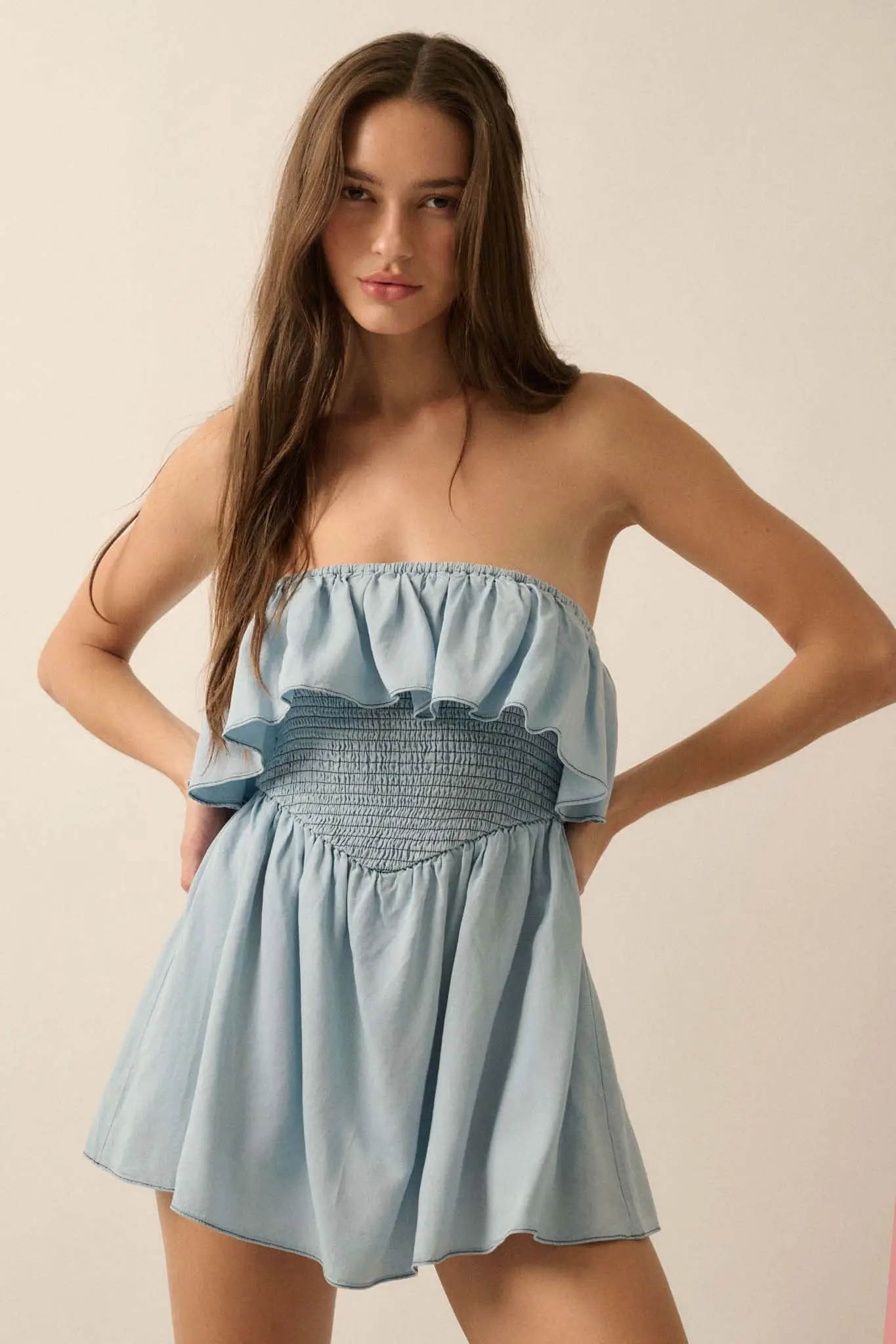 Blue Zone Denim Strapless Flounce Romper - Image 4