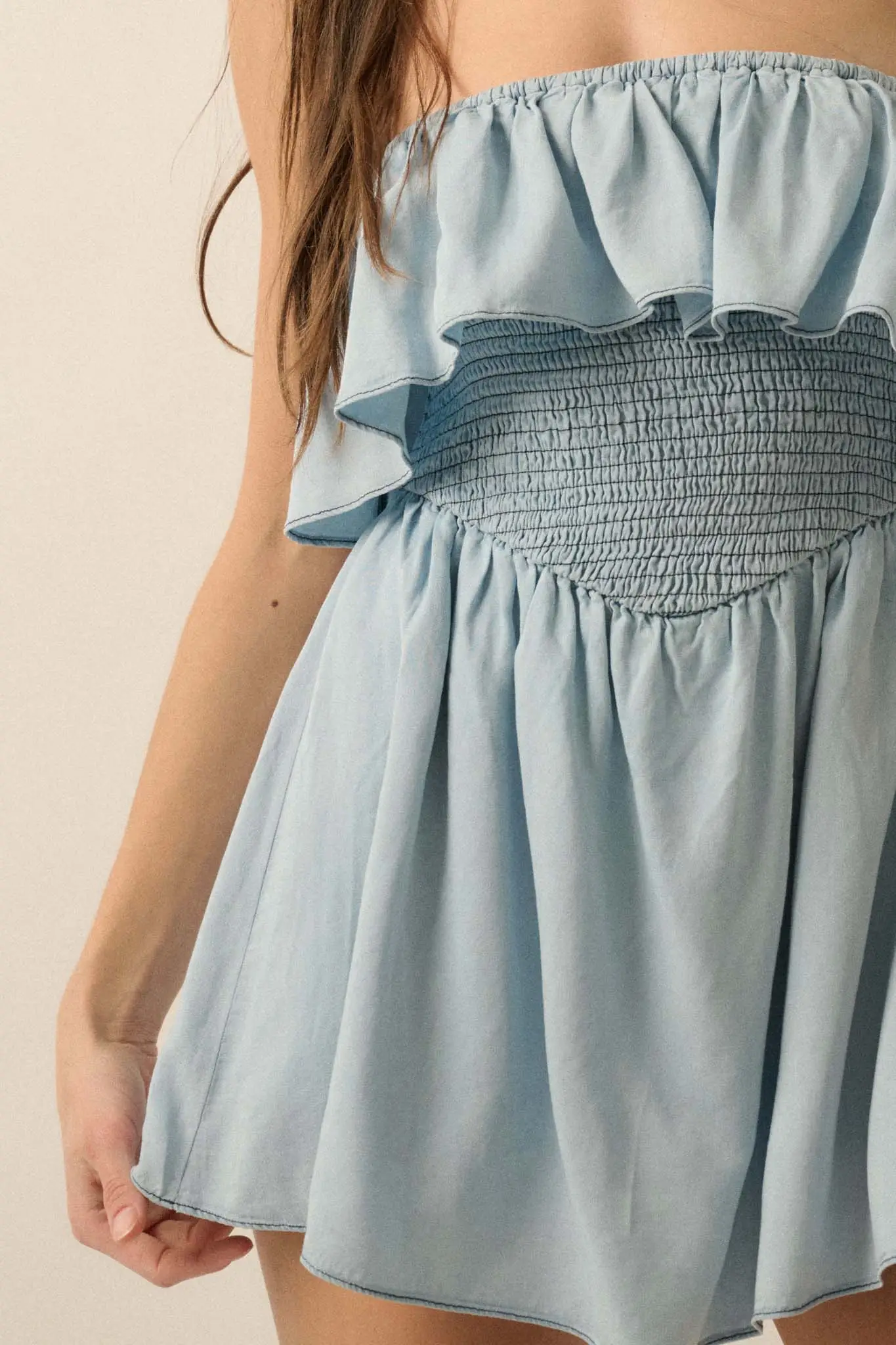 Blue Zone Denim Strapless Flounce Romper - Image 5