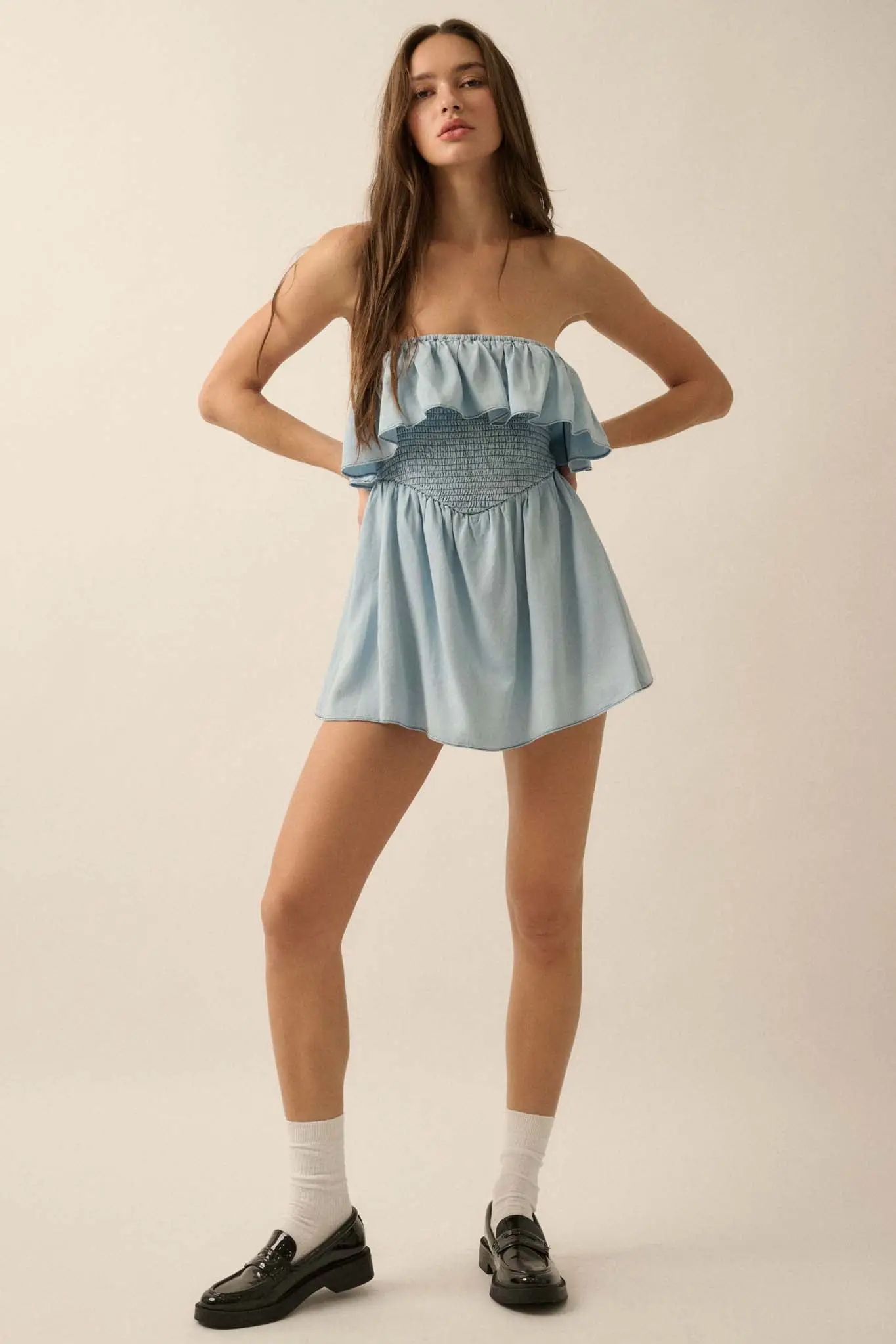 Blue Zone Denim Strapless Flounce Romper - Image 6