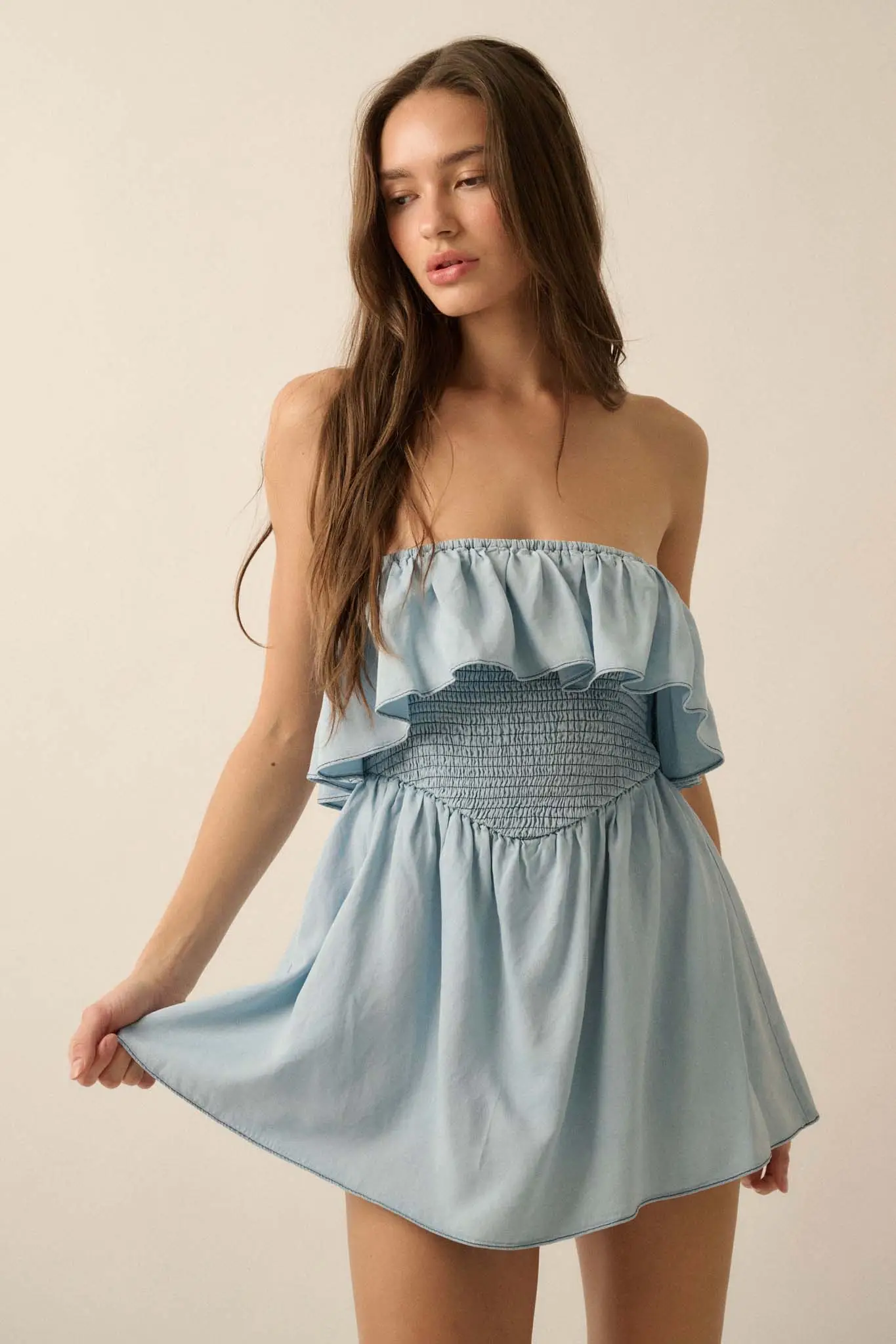 Blue Zone Denim Strapless Flounce Romper - Image 7