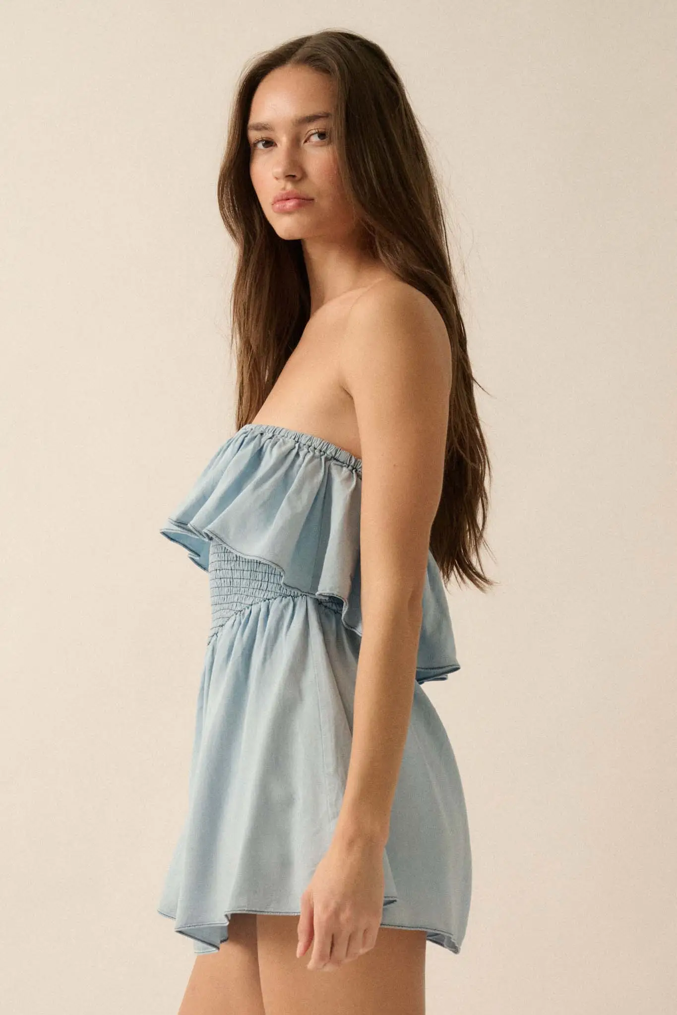 Blue Zone Denim Strapless Flounce Romper - Image 8