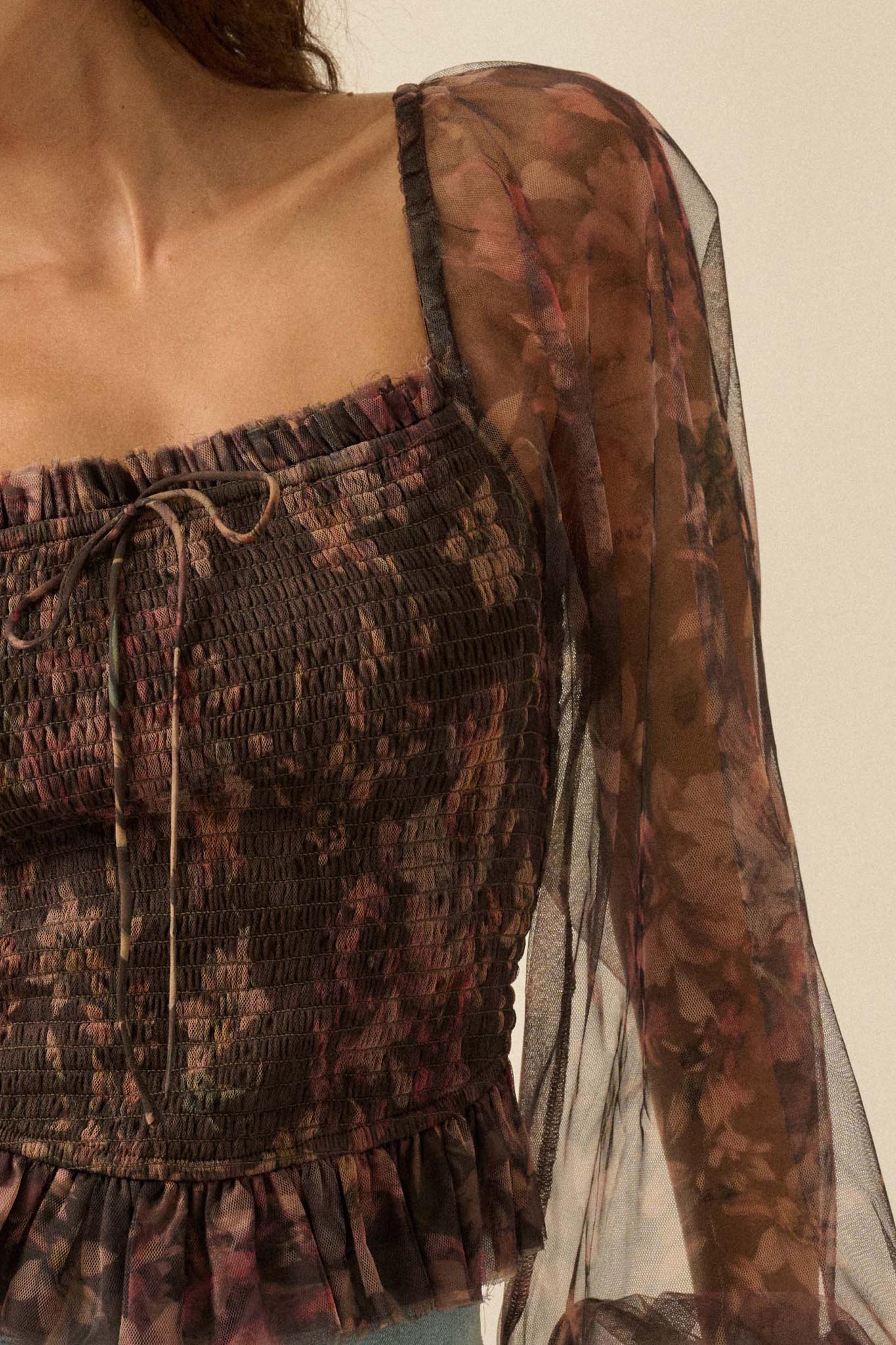 Bohemian Bliss Smocked Floral Tulle Peasant Top - Image 2