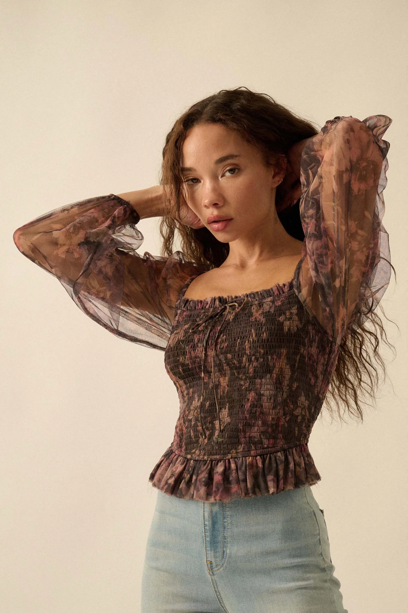 Bohemian Bliss Smocked Floral Tulle Peasant Top - Image 3