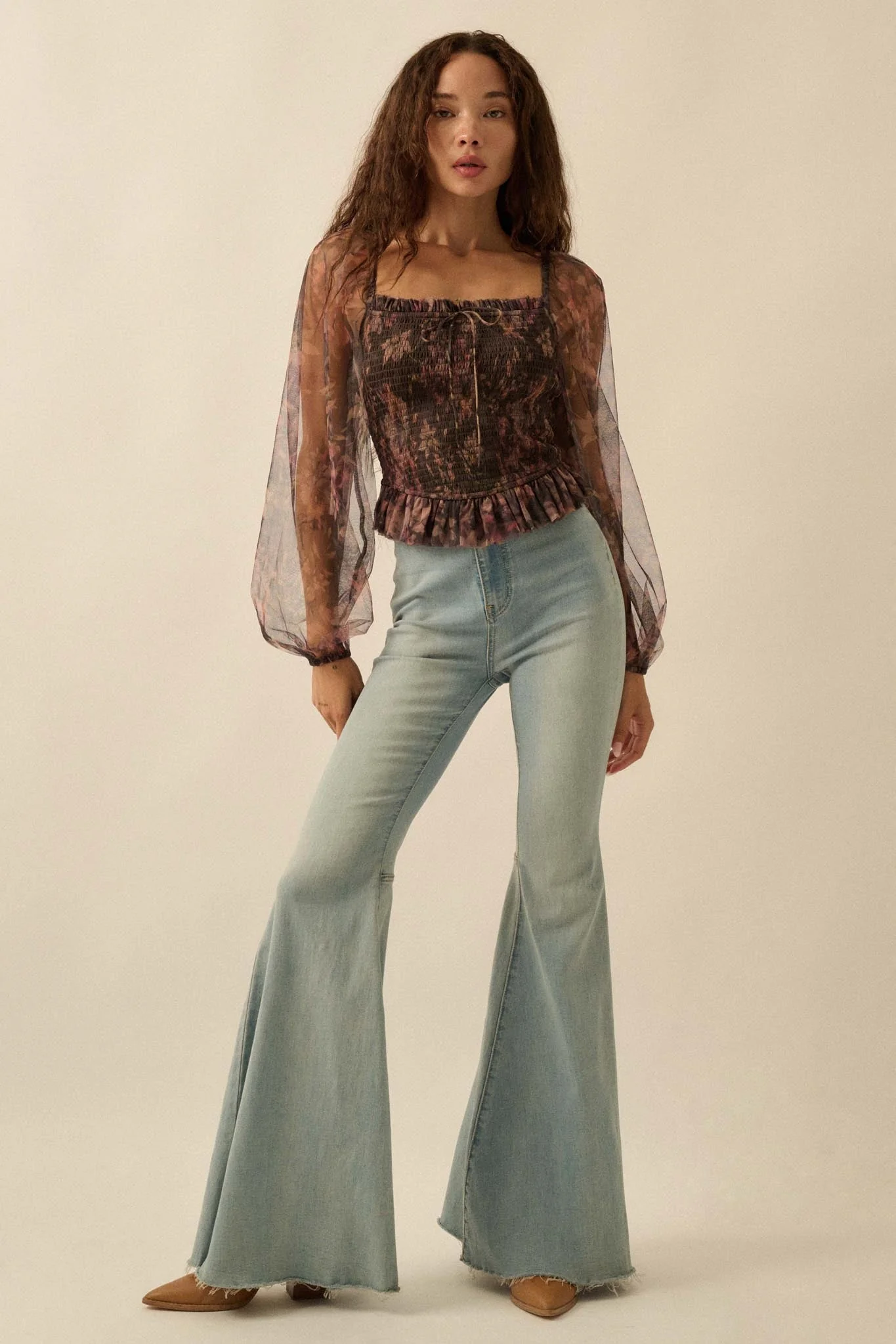 Bohemian Bliss Smocked Floral Tulle Peasant Top - Image 4