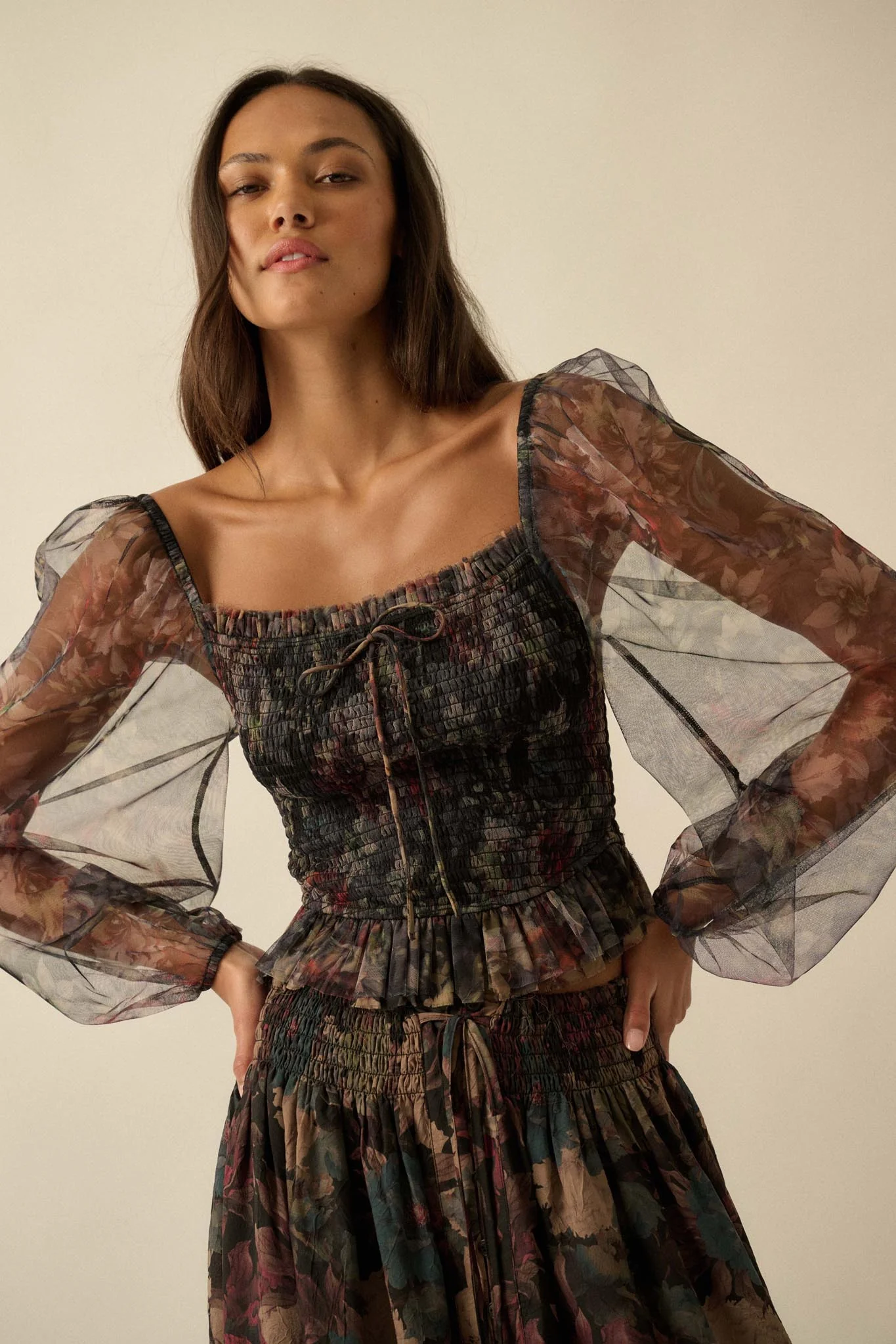 Bohemian Bliss Smocked Floral Tulle Peasant Top - Image 7