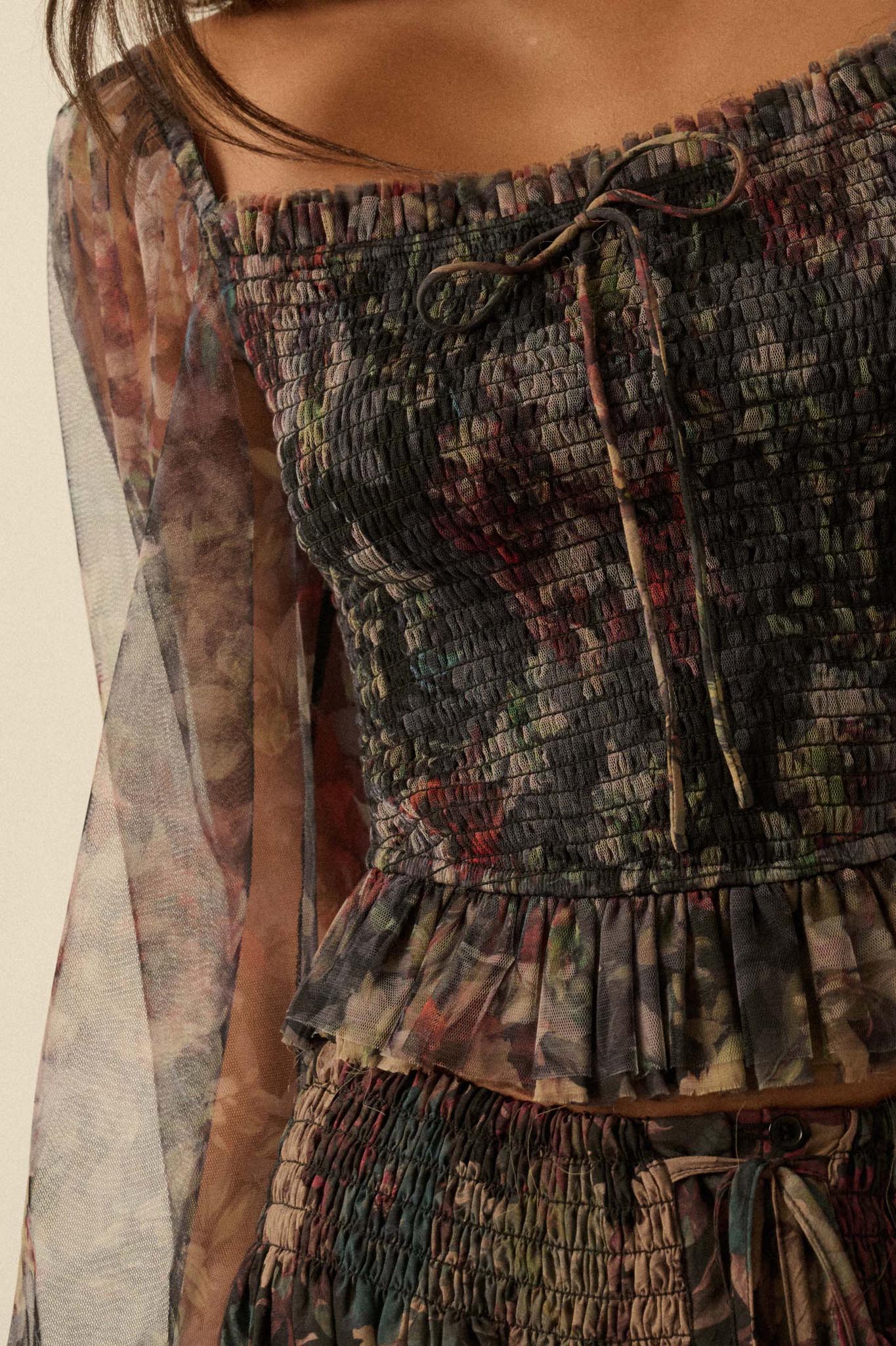 Bohemian Bliss Smocked Floral Tulle Peasant Top - Image 8