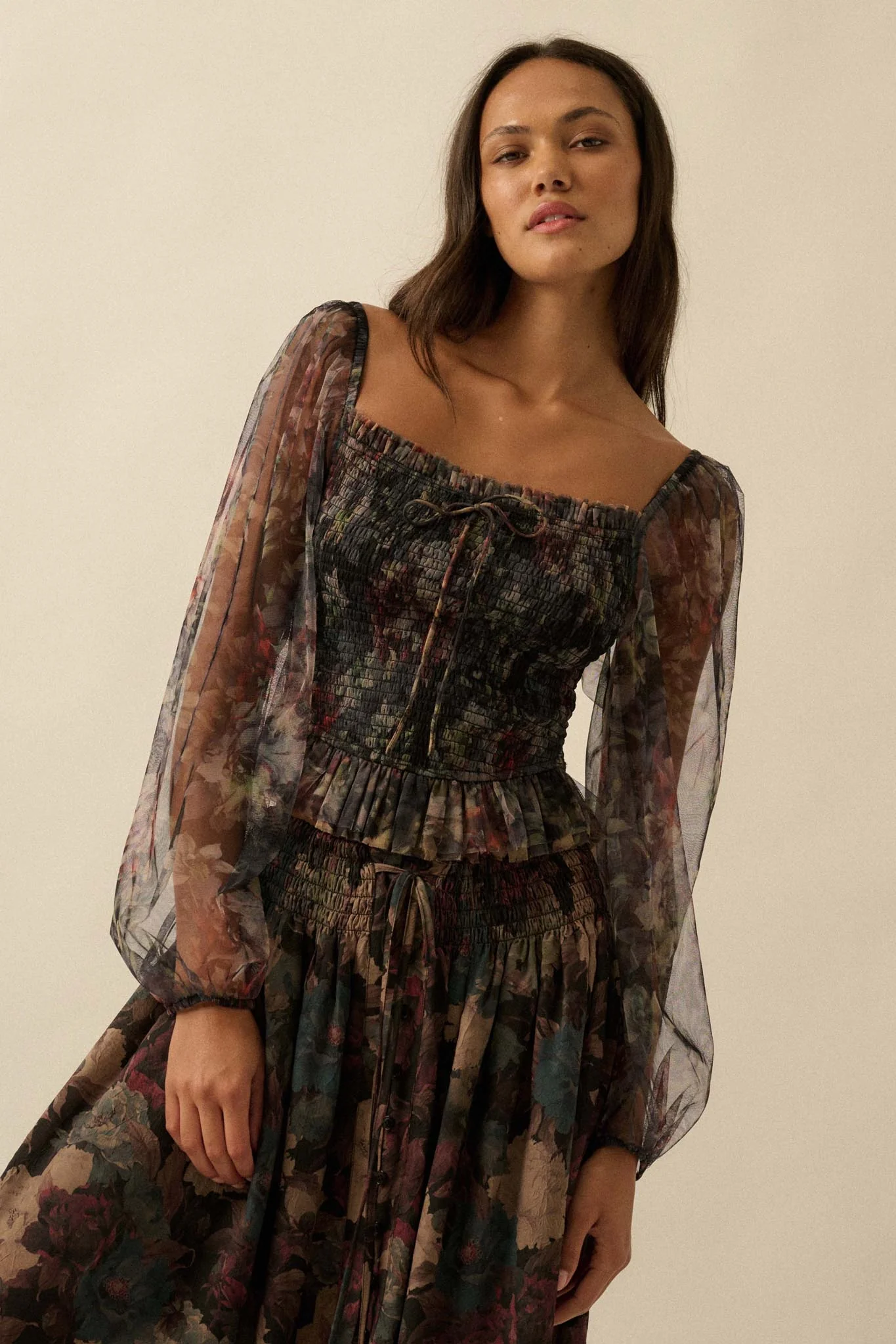 Bohemian Bliss Smocked Floral Tulle Peasant Top - Image 9