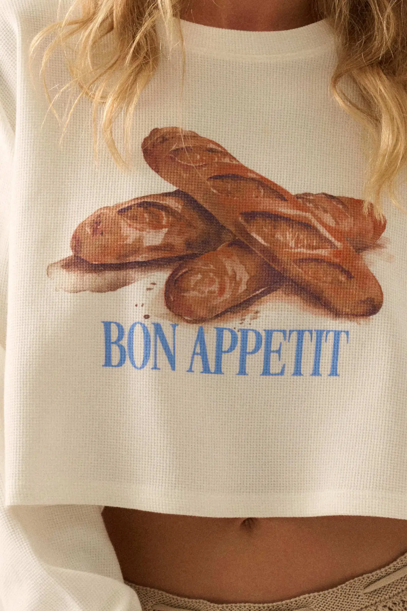 Bon Appetit Baguette Cropped Thermal Graphic Top - Image 2