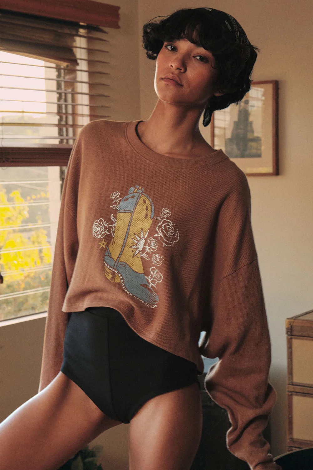 Boots and Roses Cropped Thermal Graphic Top - Image 3