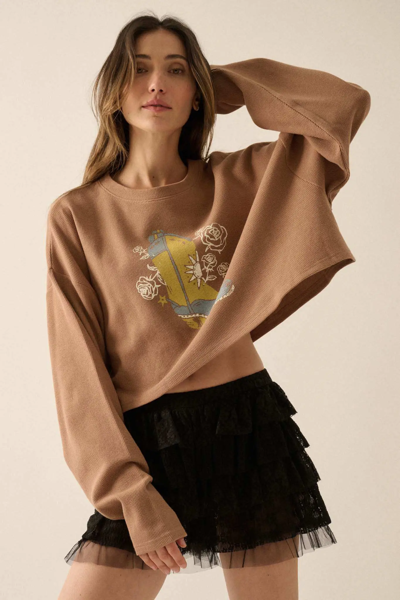 Boots and Roses Cropped Thermal Graphic Top - Image 6