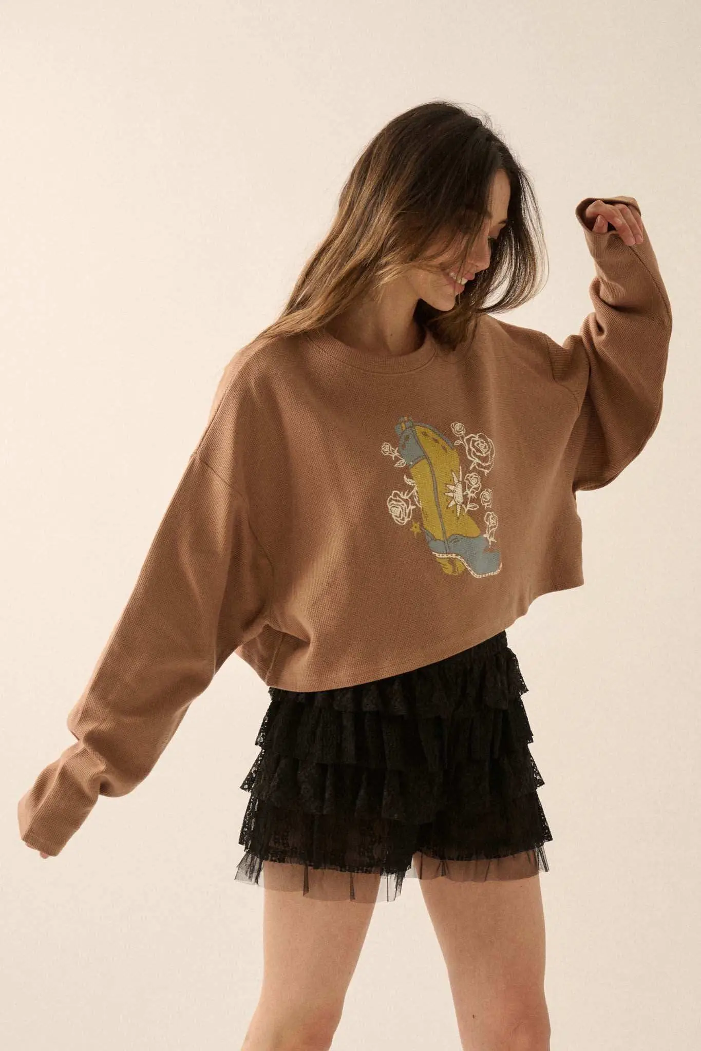 Boots and Roses Cropped Thermal Graphic Top - Image 7