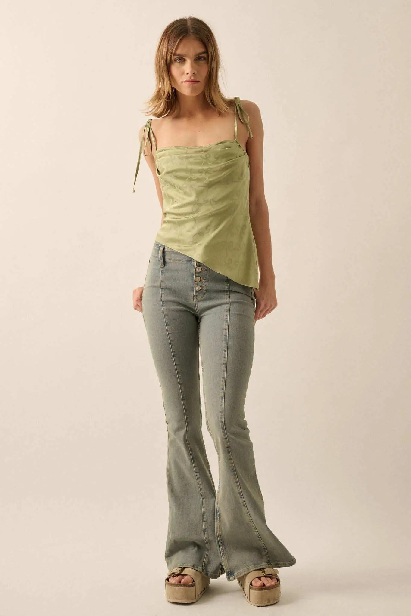 Bow Down Satin Jacquard Asymmetrical Cami Top - Image 9
