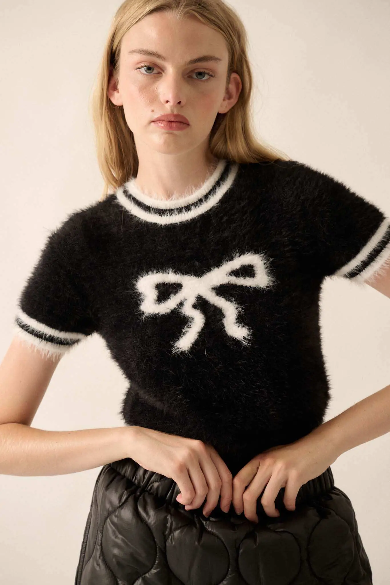 Bow Me Away Fuzzy Knit Short-Sleeve Sweater - Image 6