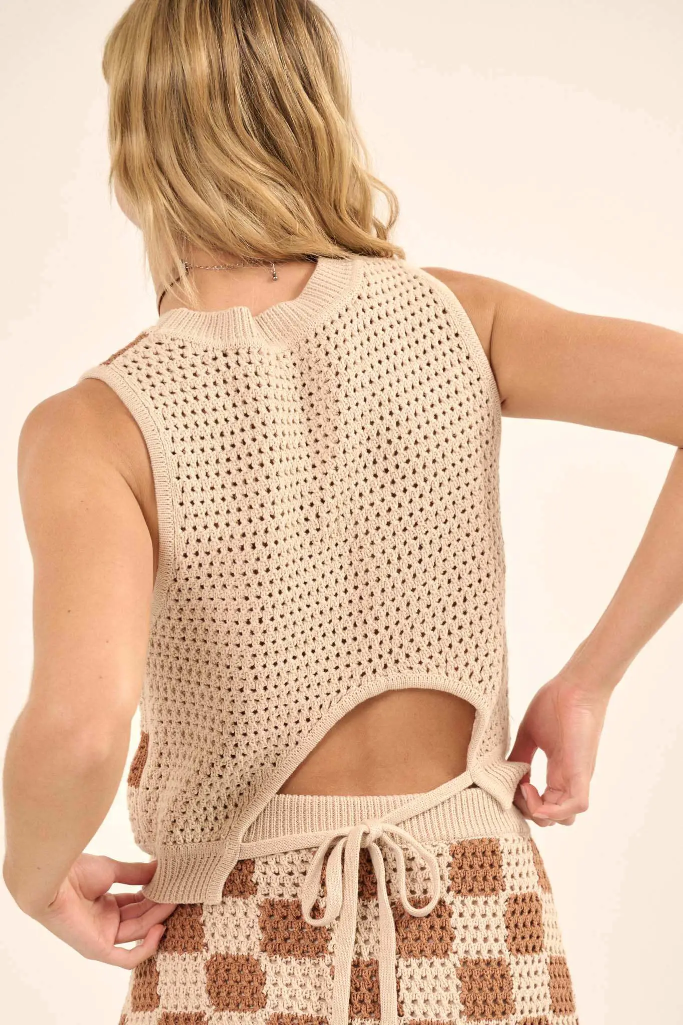 Boxed In Checker Crochet Knit Sweater Tank Top - Image 8